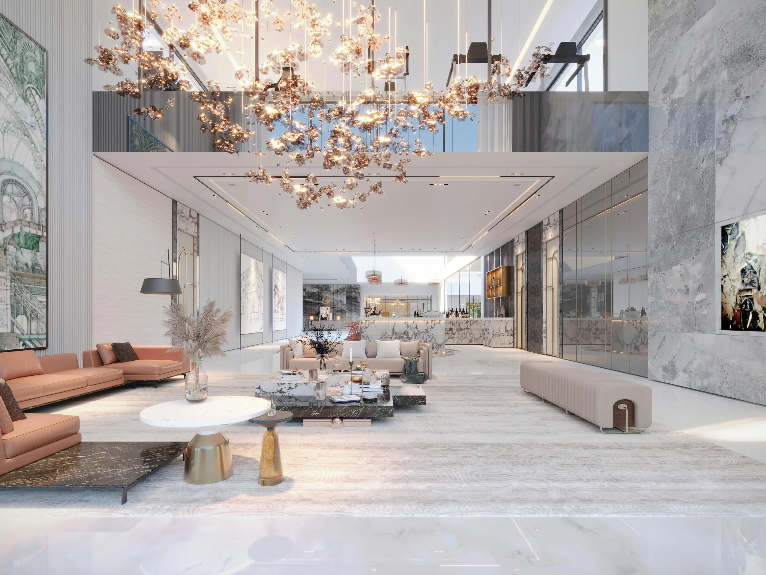 Luxurious hotel lobby with modern design featuring marble floors, contemporary furniture, large abstract artwork, and a decorative chandelier hanging from a high ceiling with LED strip lighting.