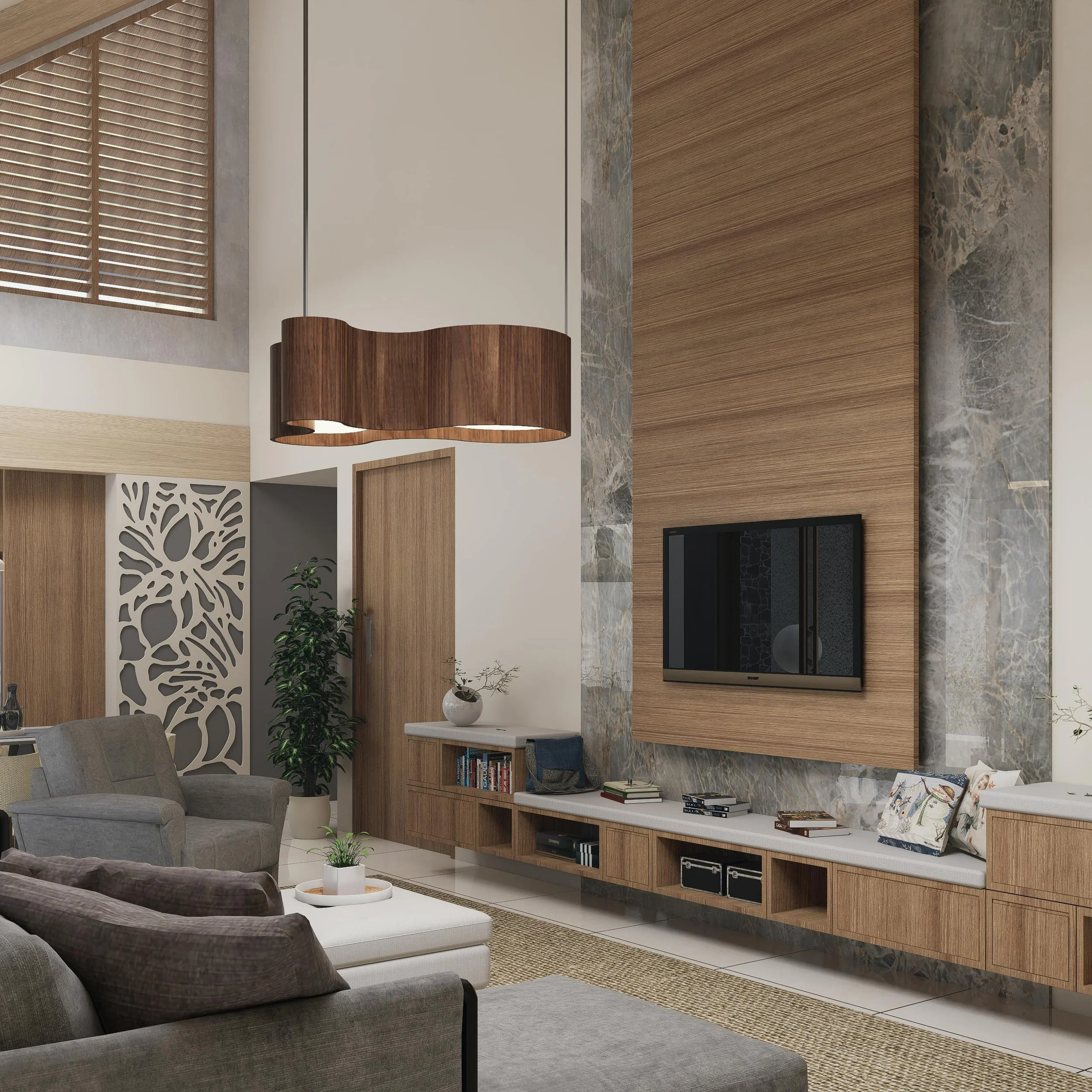 Modern living room with a mounted flat-screen TV on wood panel wall, a decorative white and gray marble wall, wooden cabinetry, potted plants, couches, and a large wooden pendant light.