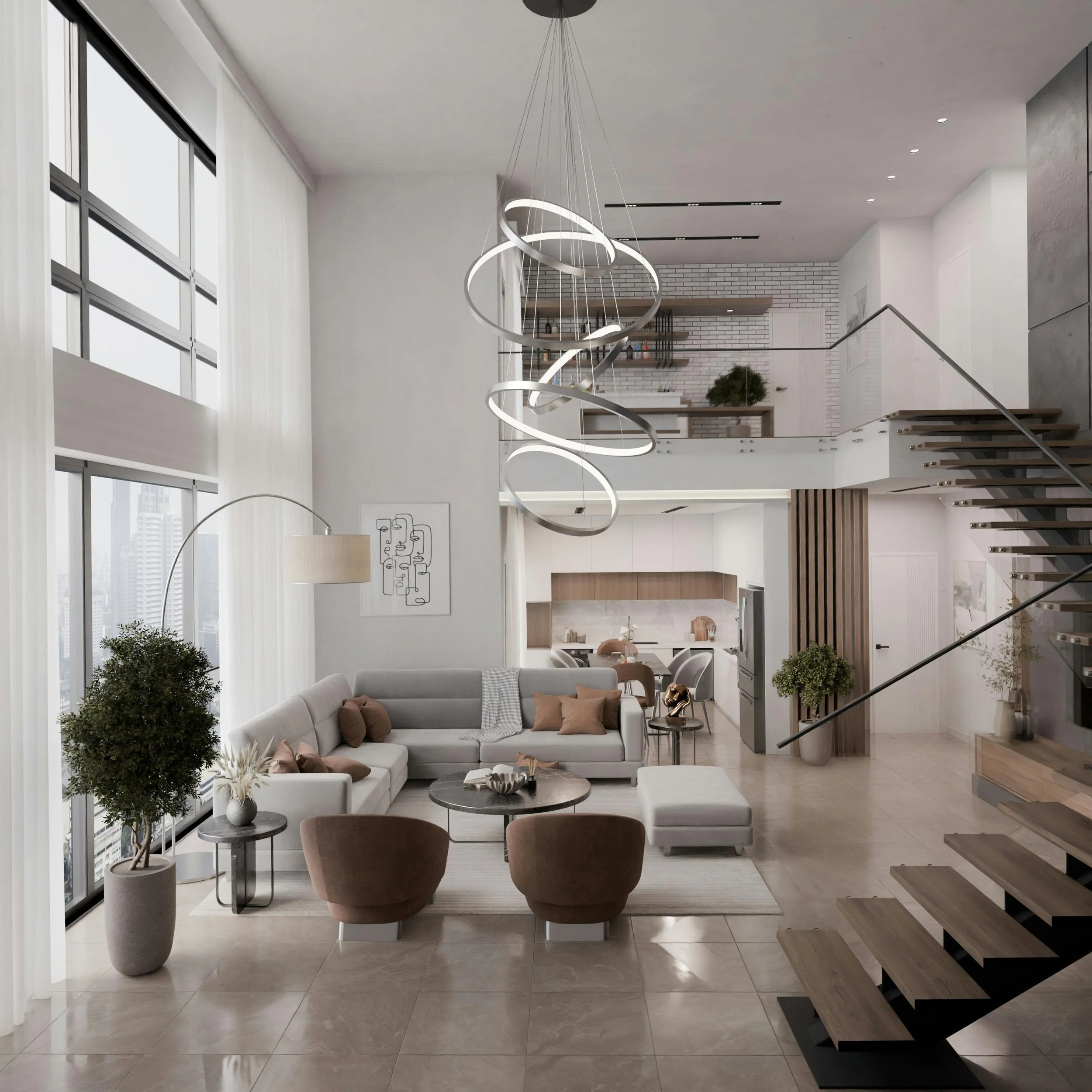 Modern living room with large windows, white sofa, brown chairs, black coffee table, plants, staircase, and contemporary chandelier.