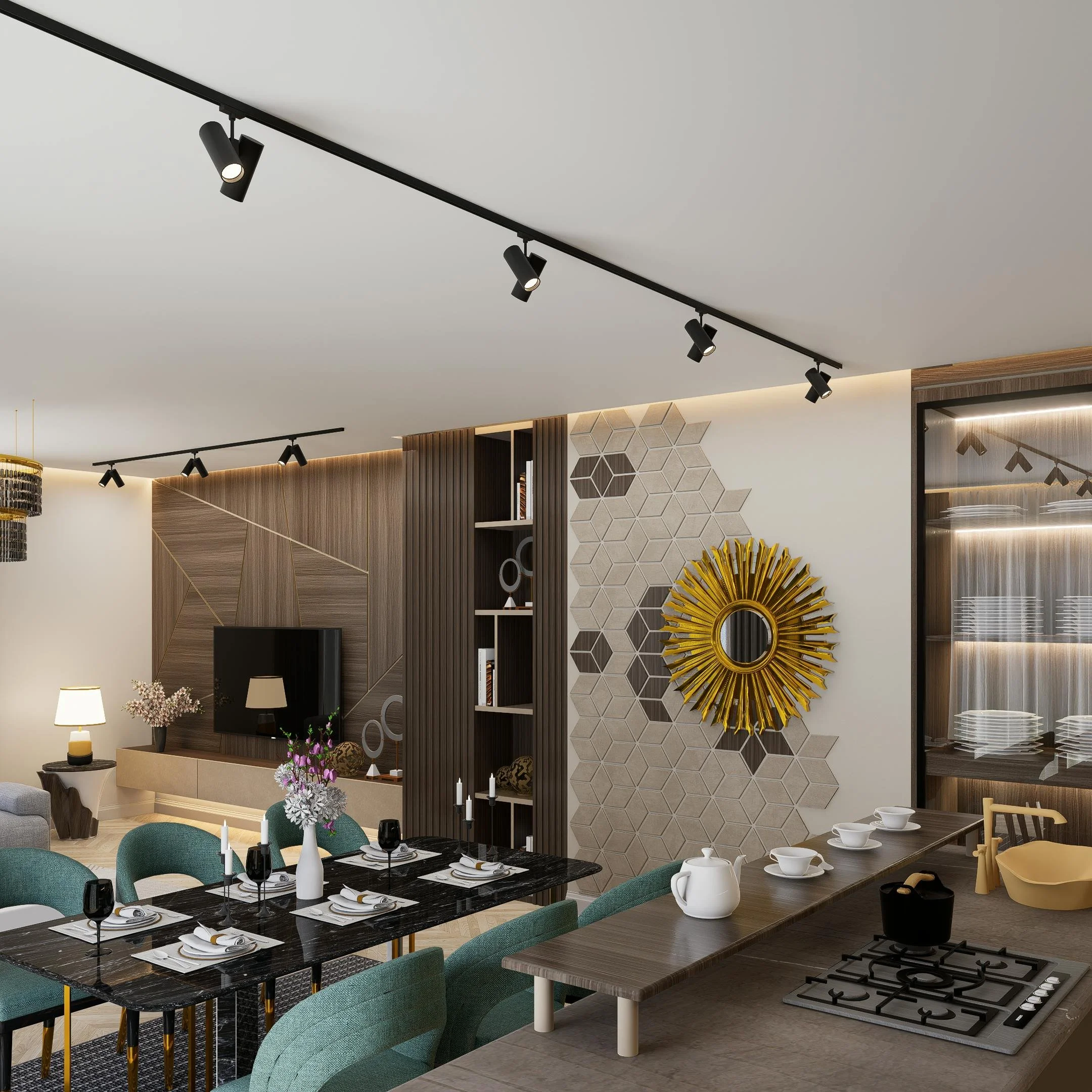 Modern dining and living room with a black marble dining table, green upholstered chairs, and a kitchen area with a gas stove and tea set, at night.