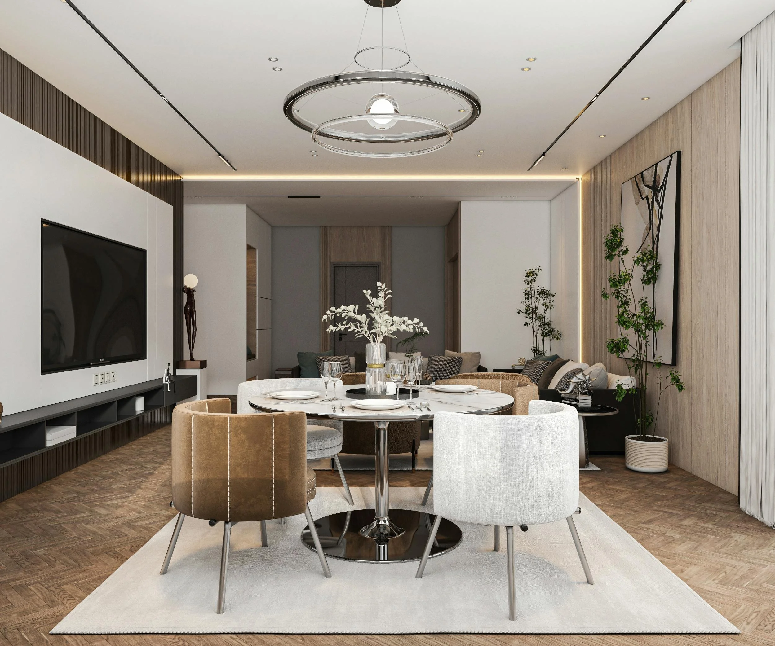 Modern living and dining room with round marble table, six upholstered chairs, and contemporary decor, including plants and wall art.
