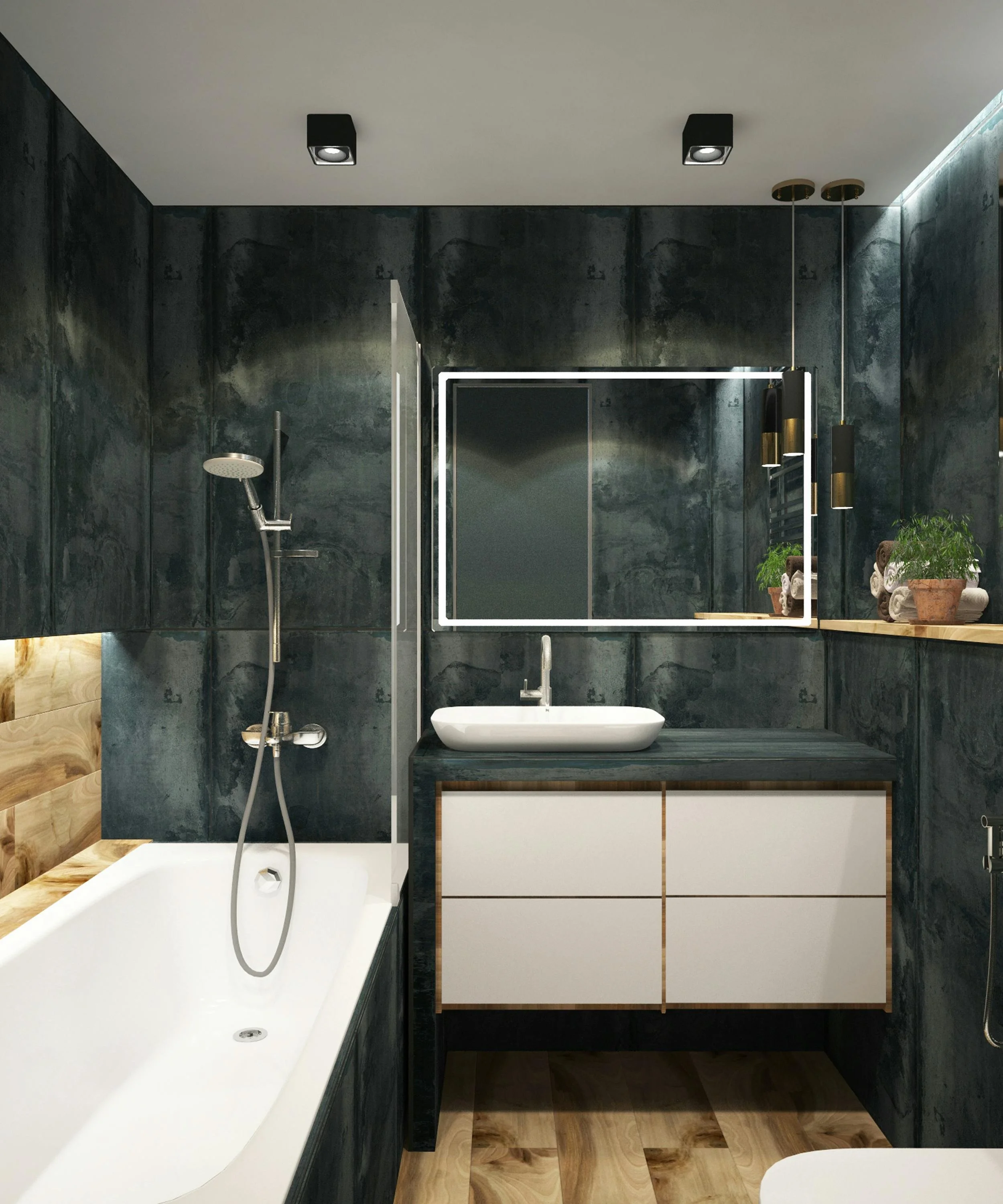 Modern bathroom with dark textured wall tiles, wooden accents, a white bathtub, a vanity with a sink, a mirror with LED lighting, and decorative plants.
