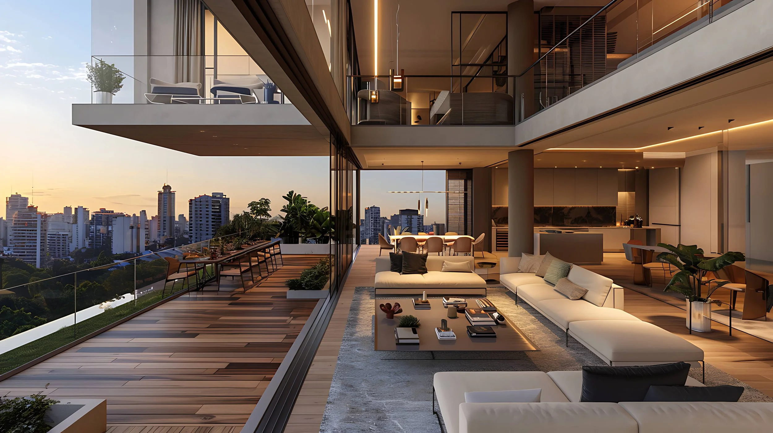 Luxurious modern penthouse living room with large glass windows overlooking a city skyline at sunset, featuring white sofas, a coffee table with books and decor, an open kitchen, and a balcony with outdoor dining furniture and plants.