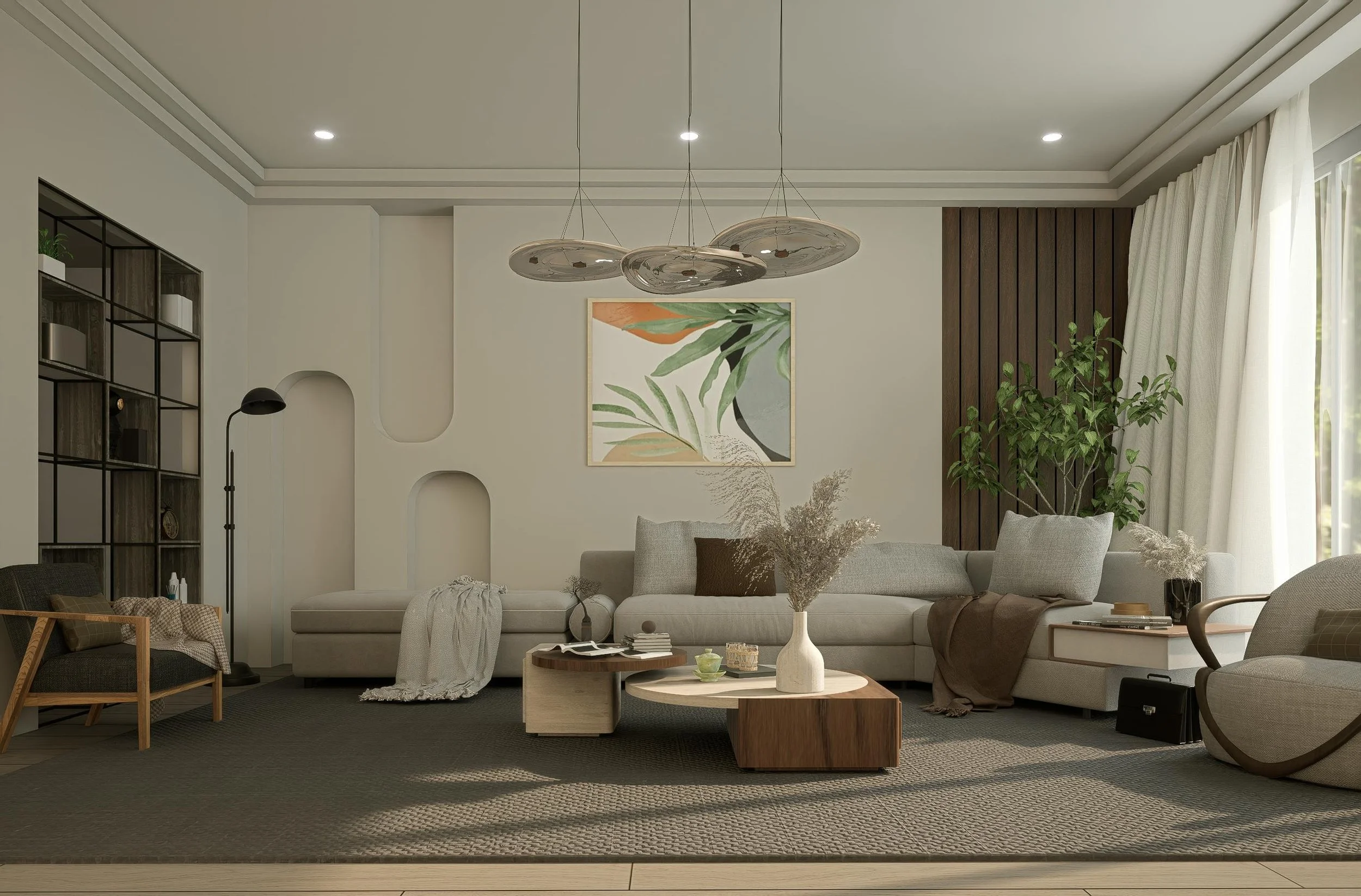 Modern living room with large sectional sofa, wooden coffee tables, decorative vases, artwork, a green plant, and natural light from large windows with white curtains.