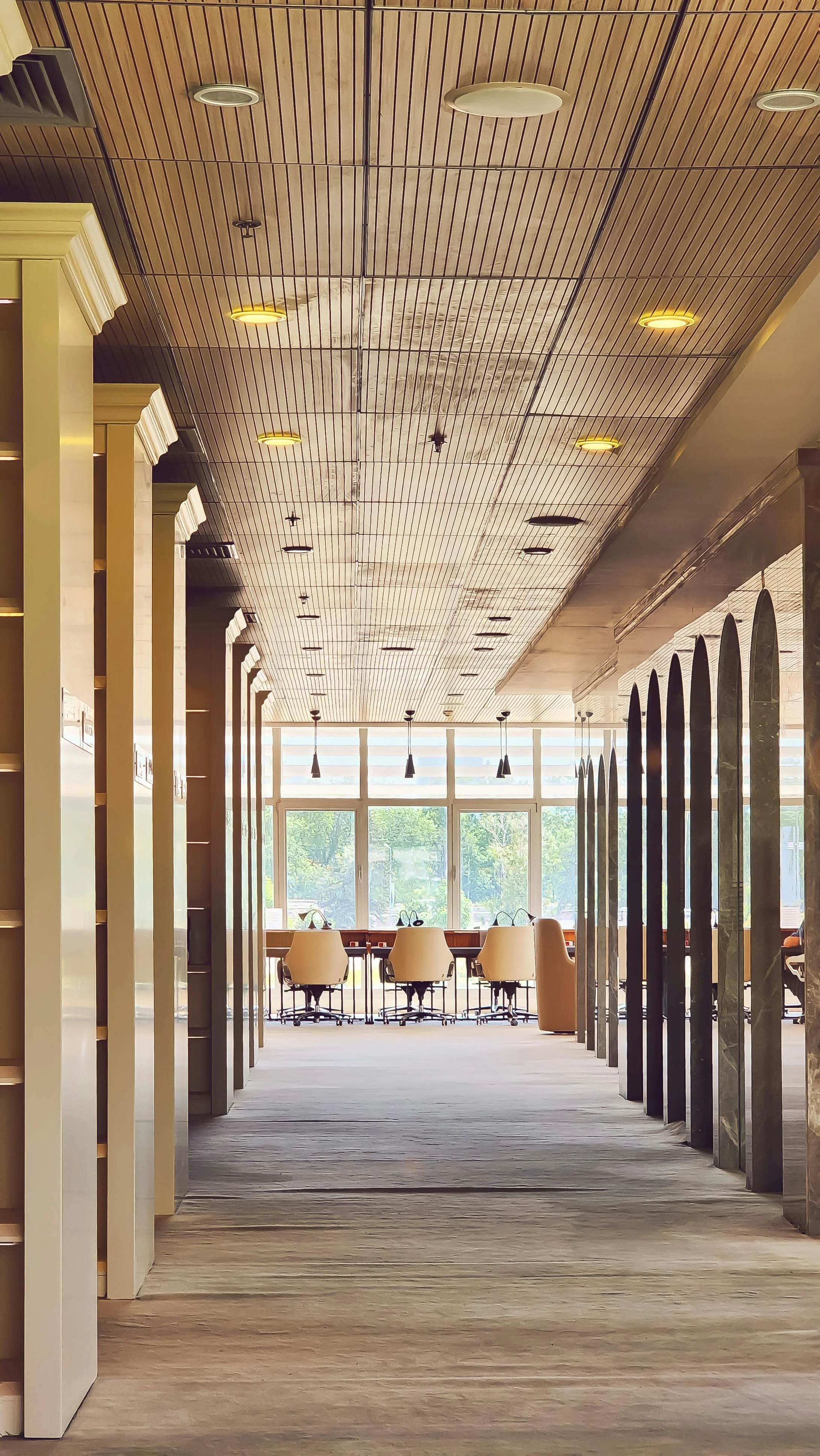 Interior shot of a modern café with a wooden ceiling, large windows, white chairs, and a long counter with bar stools overlooking greenery outside.