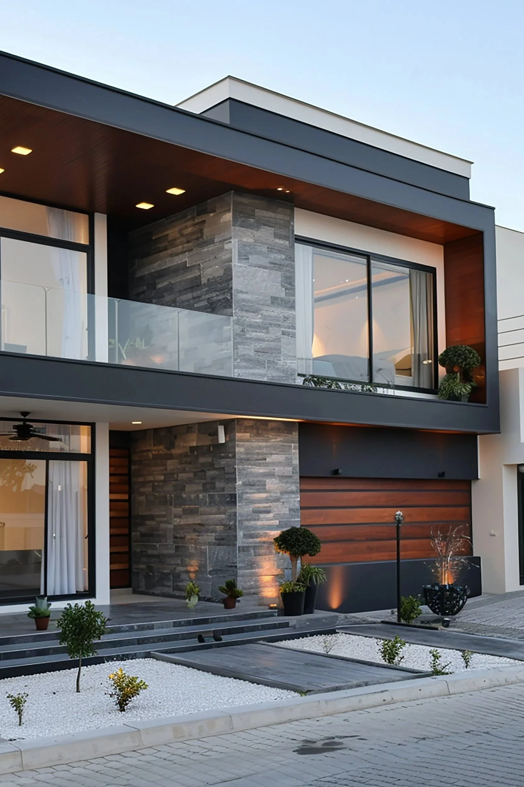 Modern two-story house with a combination of stone, wood, and glass exterior, featuring a spacious balcony and landscaped front yard with small trees and plants.
