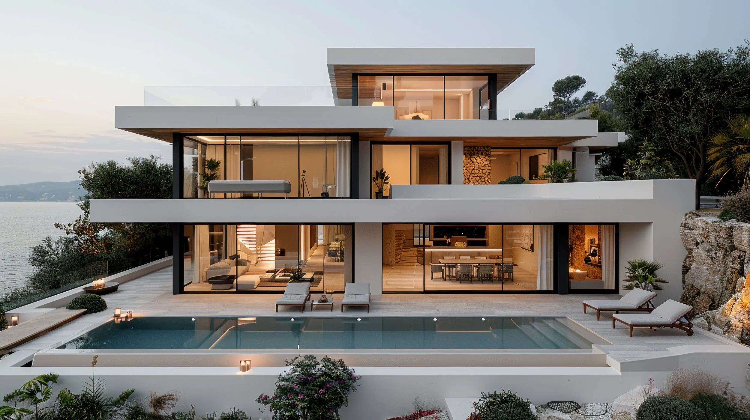 Modern multi-story house with large glass windows, outdoor pool area with lounge chairs, overlooking a body of water with trees and hills in the background.