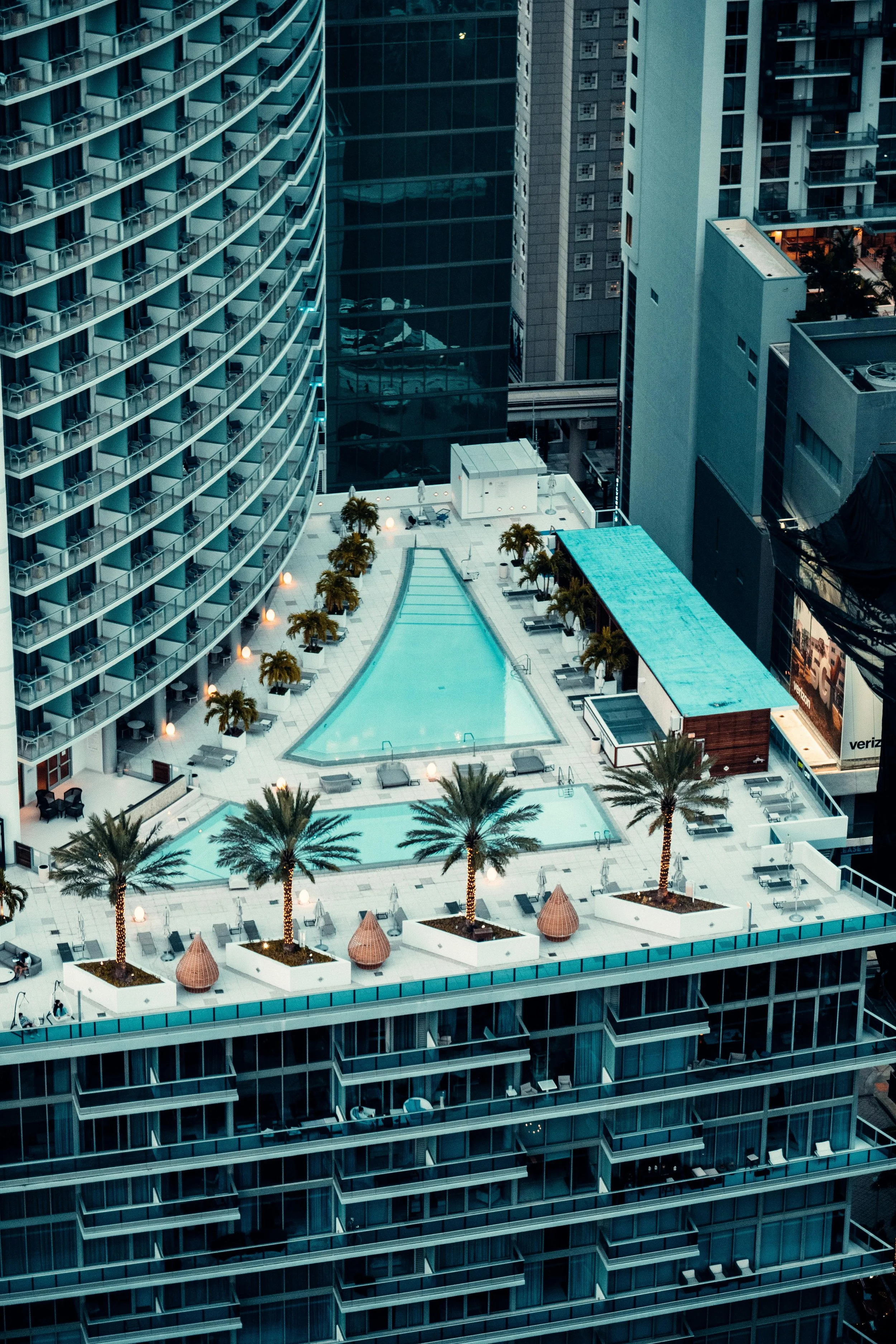 A rooftop swimming pool in an urban setting, surrounded by lounge chairs, palm trees, and tall surrounding buildings.