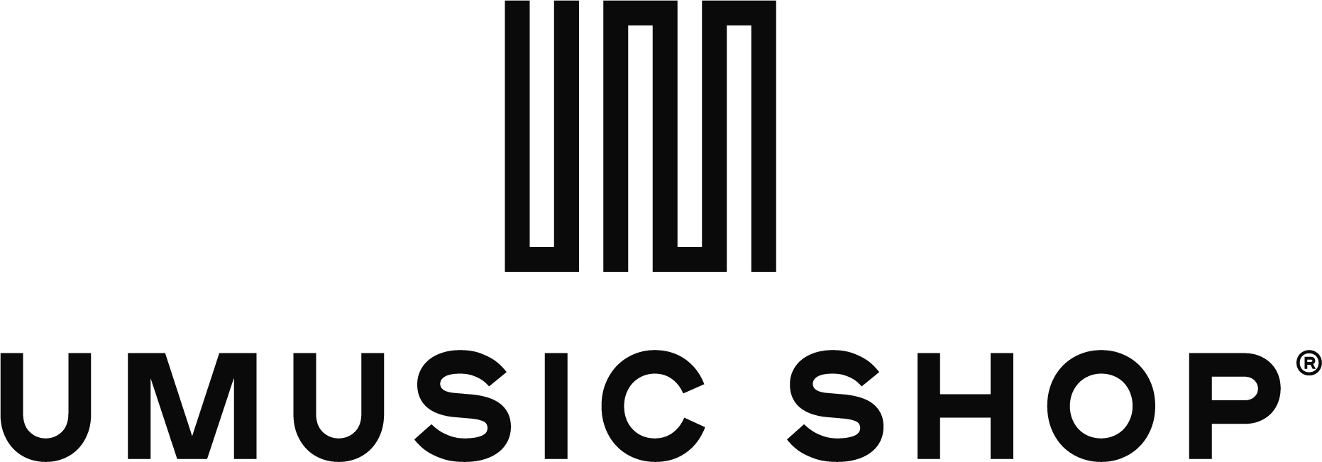 Black logo with vertical stripes and text that reads 'UM'. Below, the words 'UMUSIC SHOP' are written in bold uppercase font.