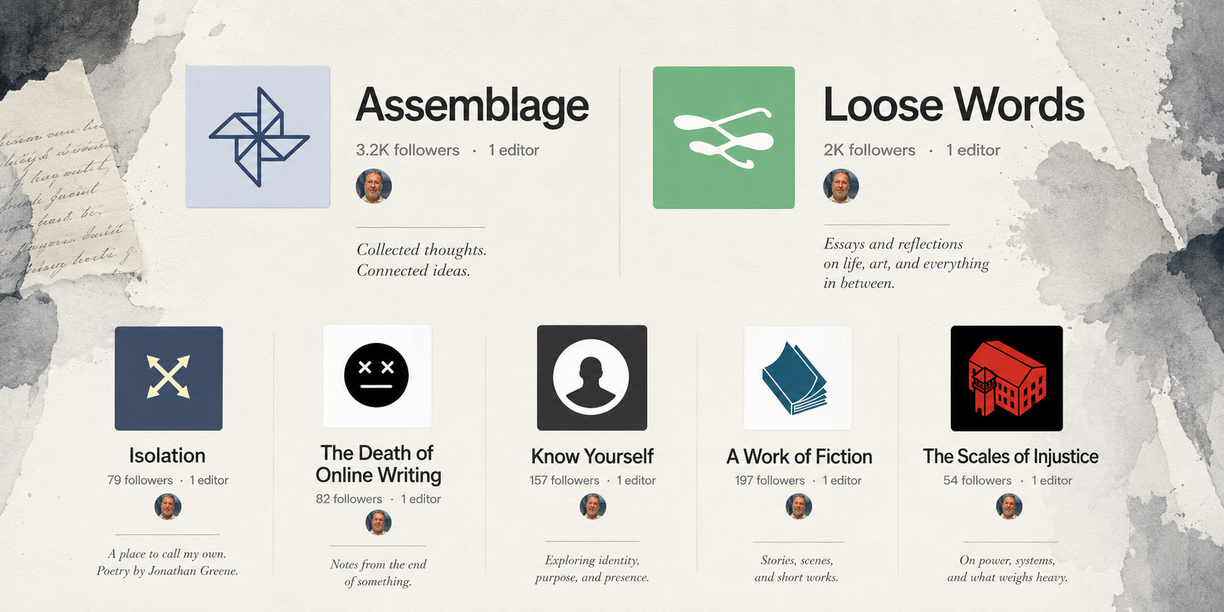 A collection of digital art and writing project titles with descriptions, including logos, follower counts, and author photos, on a textured background with torn paper and handwritten notes.