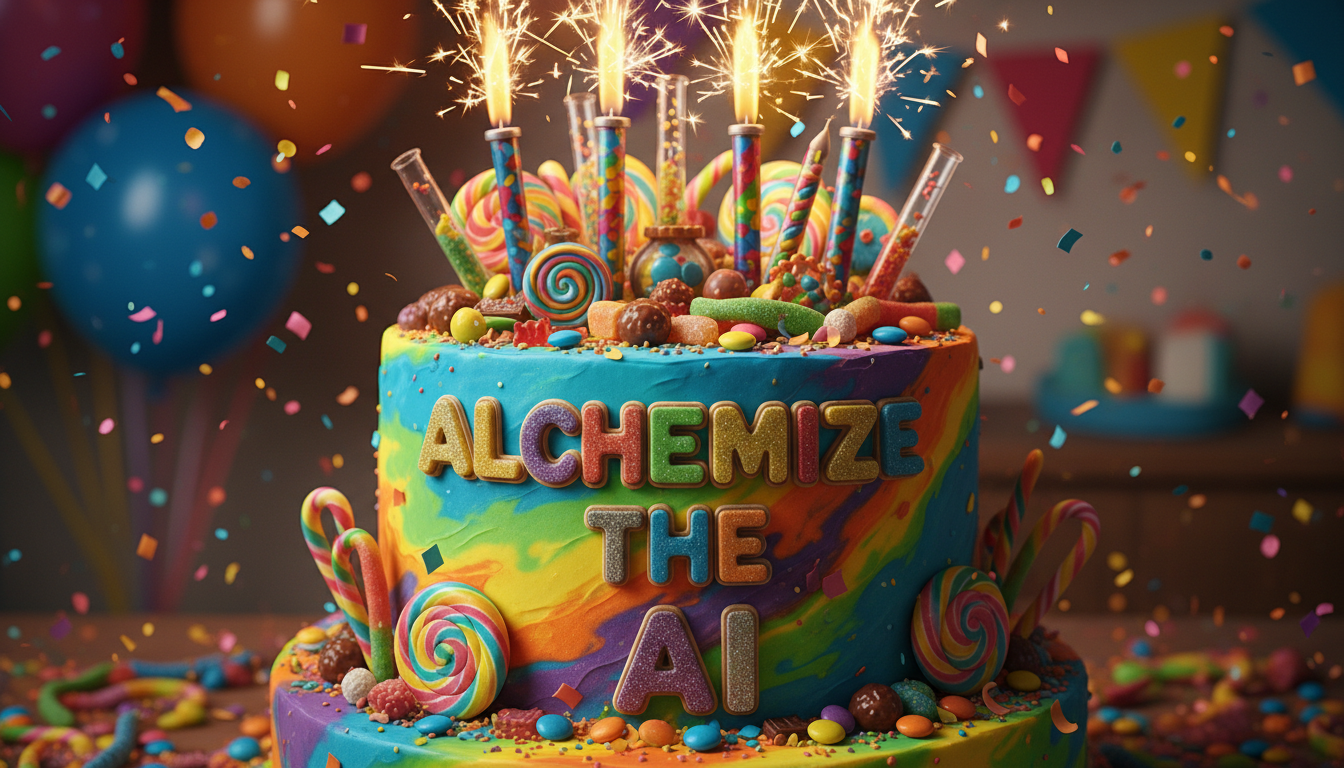 Colorful birthday cake with the words 'Alchemize the AI' written on it, decorated with rainbow-colored candies, lollipops, and sparklers.