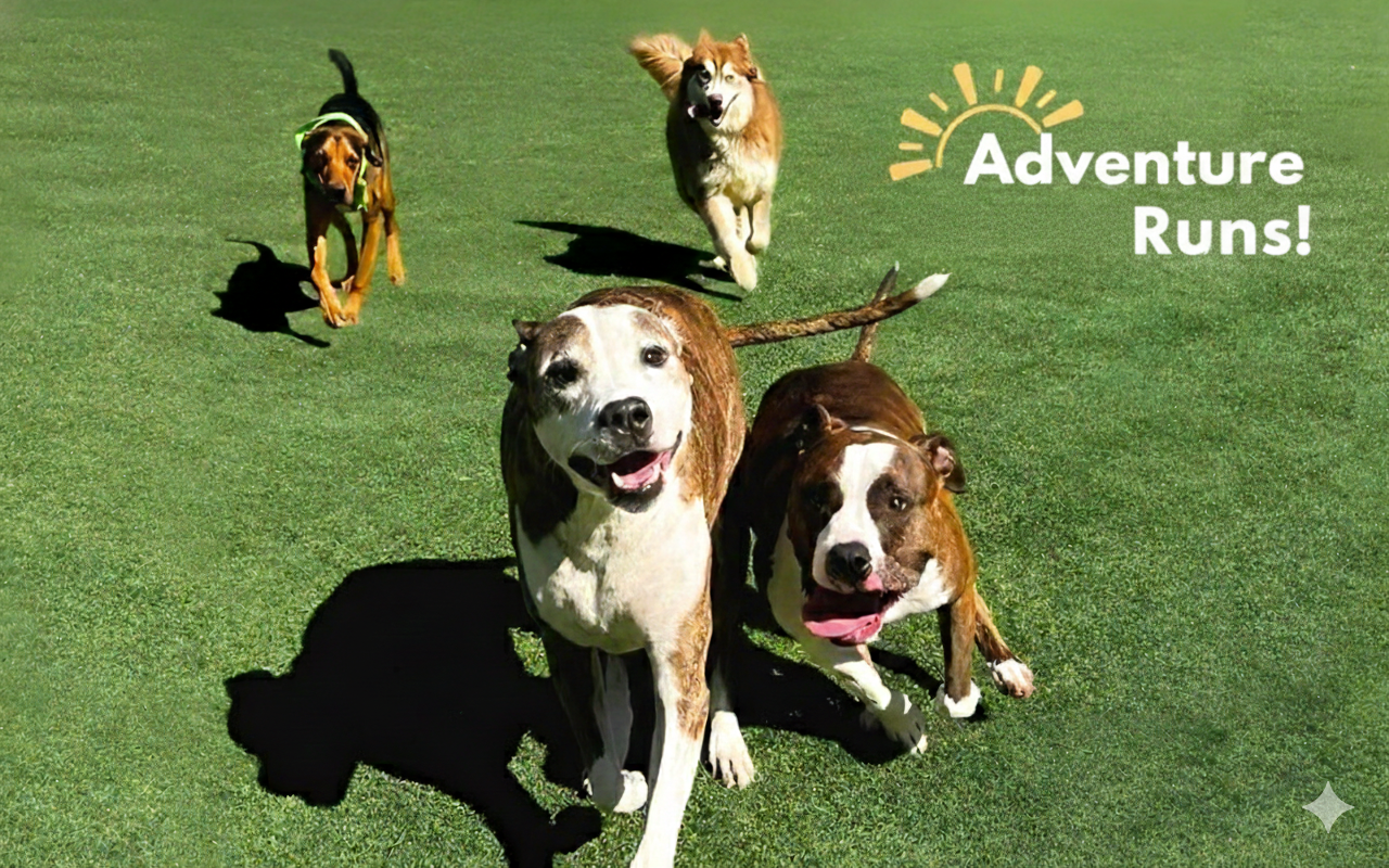 Four dogs running on a grassy field with the text 'Adventure Runs!' and a sun icon in the upper right corner.