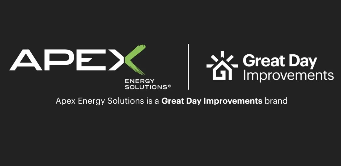 Black background with white text displaying logos for Apex Energy Solutions and Great Day Improvements, separated by a vertical line. Below, it states, 'Apex Energy Solutions is a Great Day Improvements brand.'