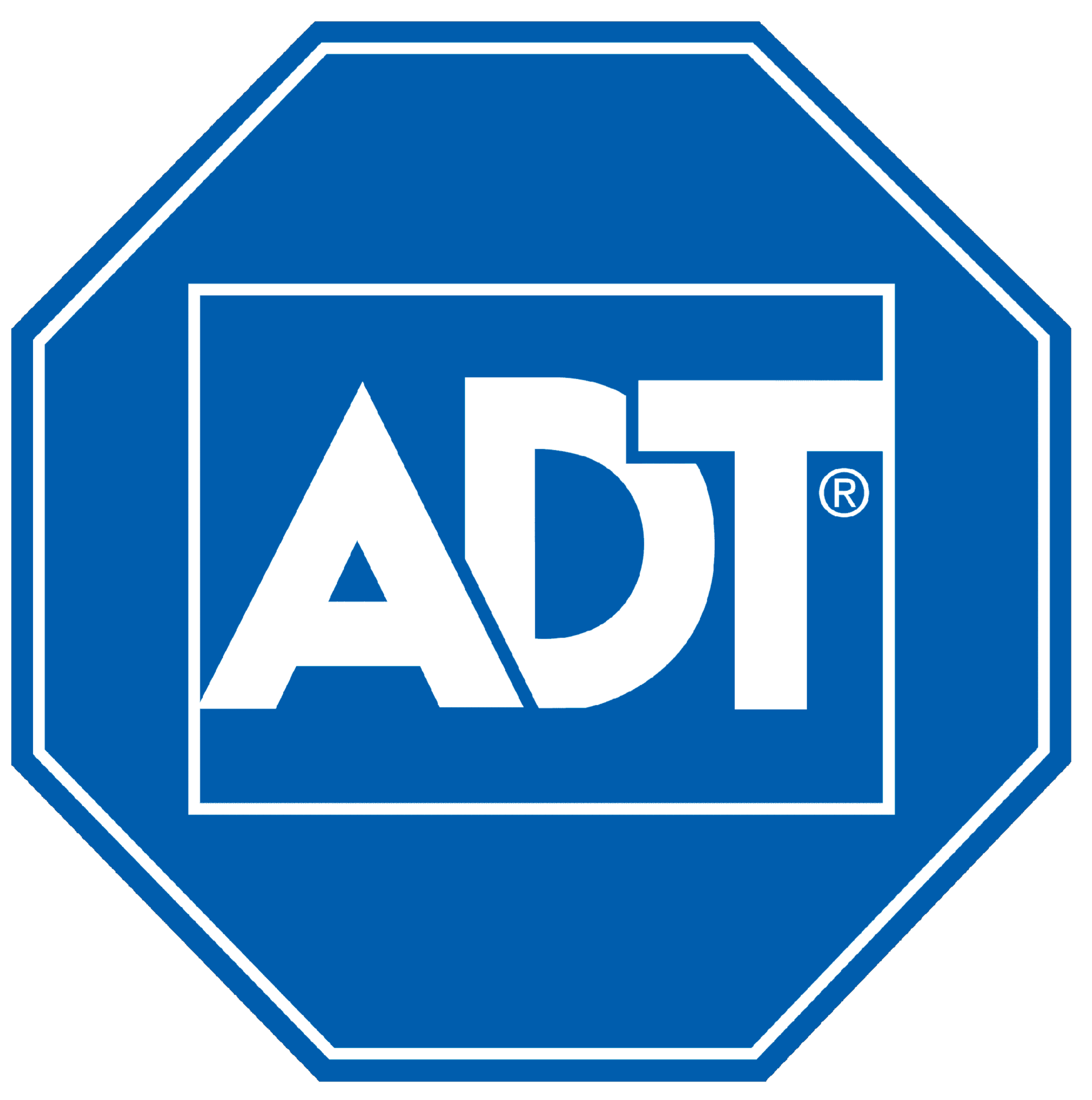 Blue octagonal sign with white border and the text 'ADT' in the center.