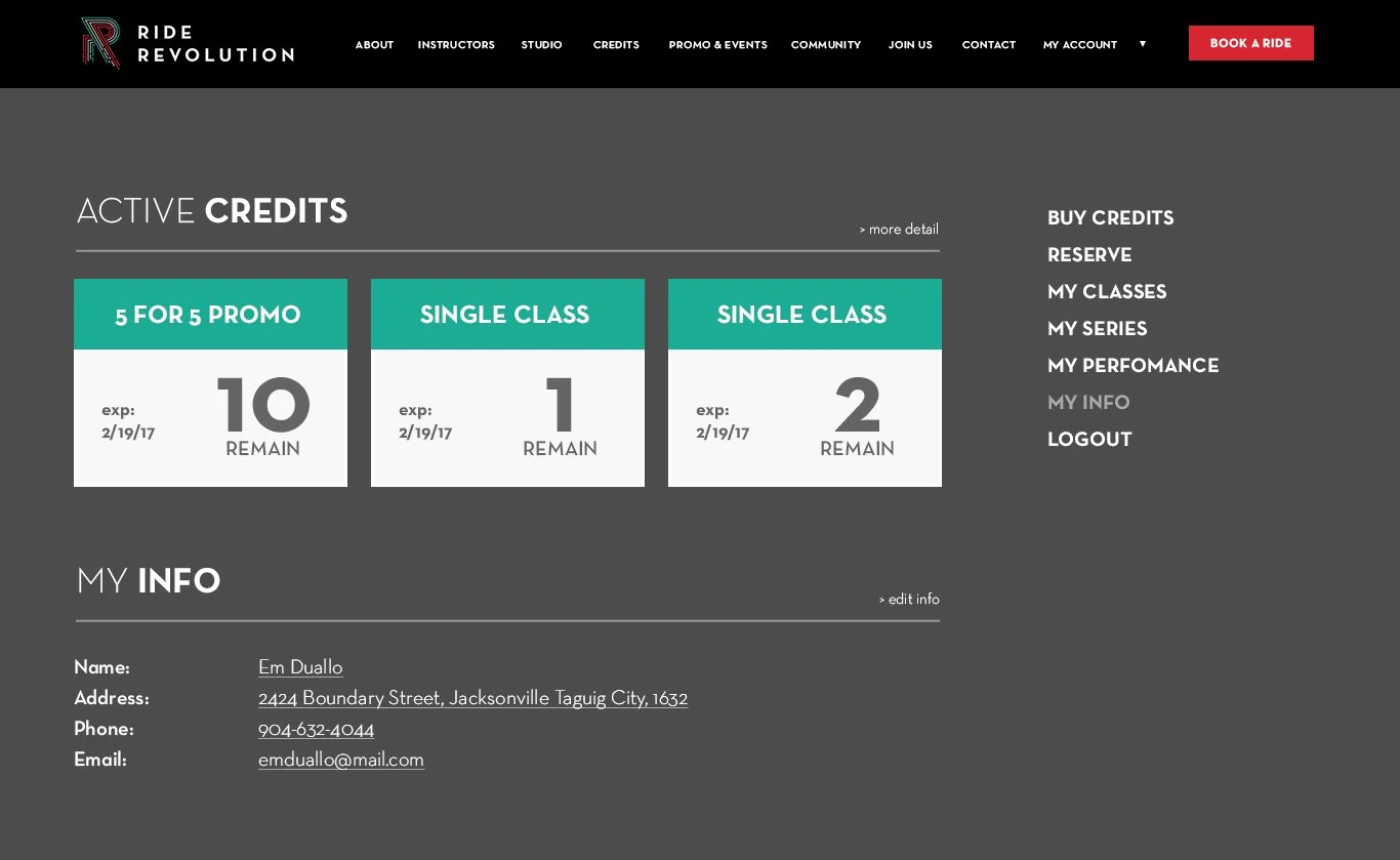 Screenshot of a website dashboard for Ride Revolution, showing active credits, user information including name, address, phone, email, with navigation menu and a prominent 'Book a Ride' button.