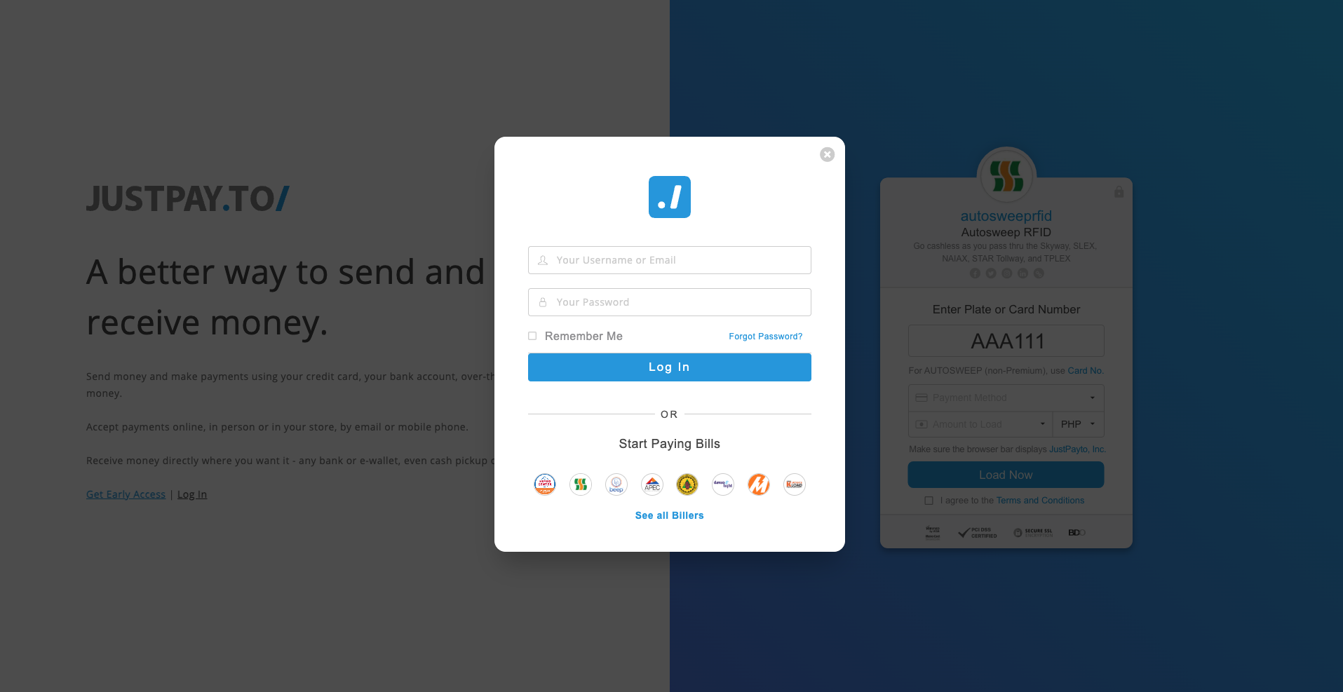 Login screen of a payment website with a blue and white pop-up window in the center, showing fields for username and password, a 'Remember Me' checkbox, a 'Forgot Password?' link, and a blue 'Log In' button. Below are icons for different billers and an option to see all billers. The background features the website's main page with a partial description and navigation links.
