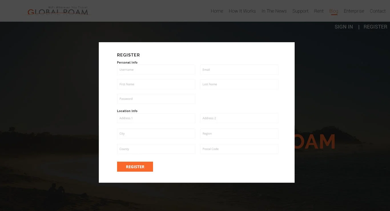 A registration form overlay on a website with a background image of a dark landscape, probably a beach or shore, with mountains or hills in the distance. The registration form includes fields for personal and location information and an orange 'Register' button.