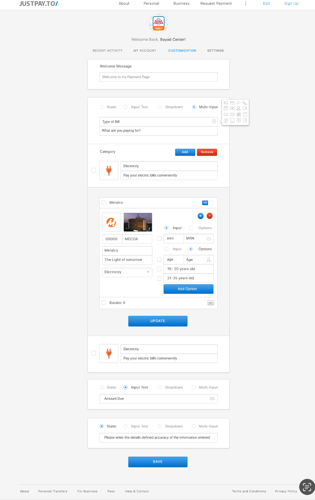 Screenshot of a payment page customization interface on justpay.to, showing options to add bill categories, input options for electricity bills, and fields for amount due and payment details.