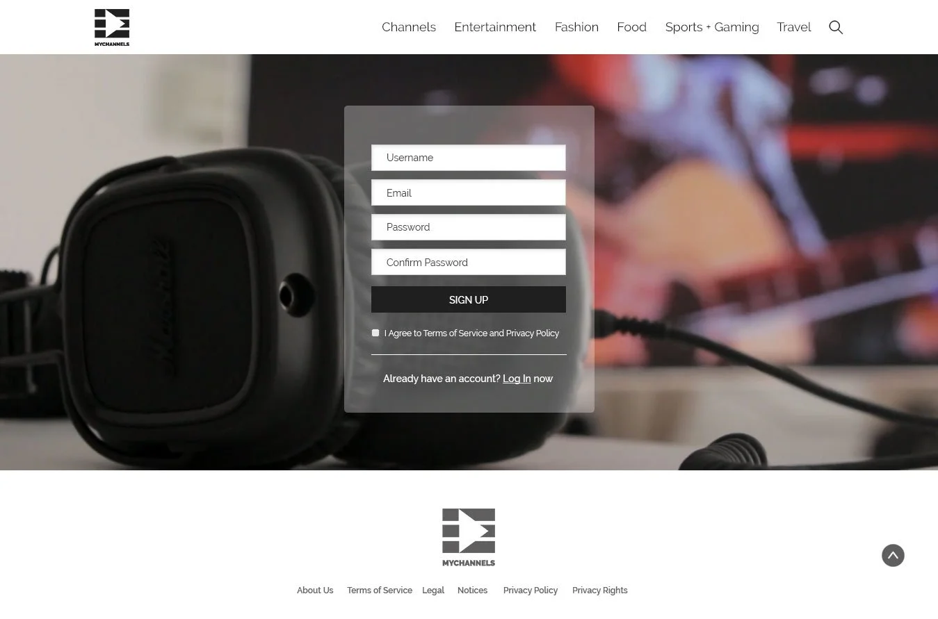 A webpage login screen overlay on a background image of a black gaming headset with a blurred TV screen showing a person playing an electric guitar.