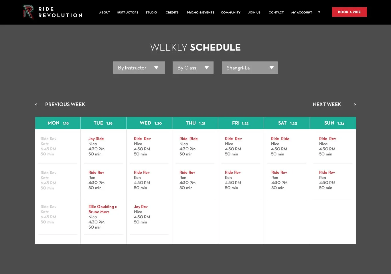 Weekly schedule webpage for Ride Revolution with class times from Monday to Sunday, including instructors Joy Ride, Ellie Goulding x Bruno Mars, and others, at 4:30 PM for 50 minutes.