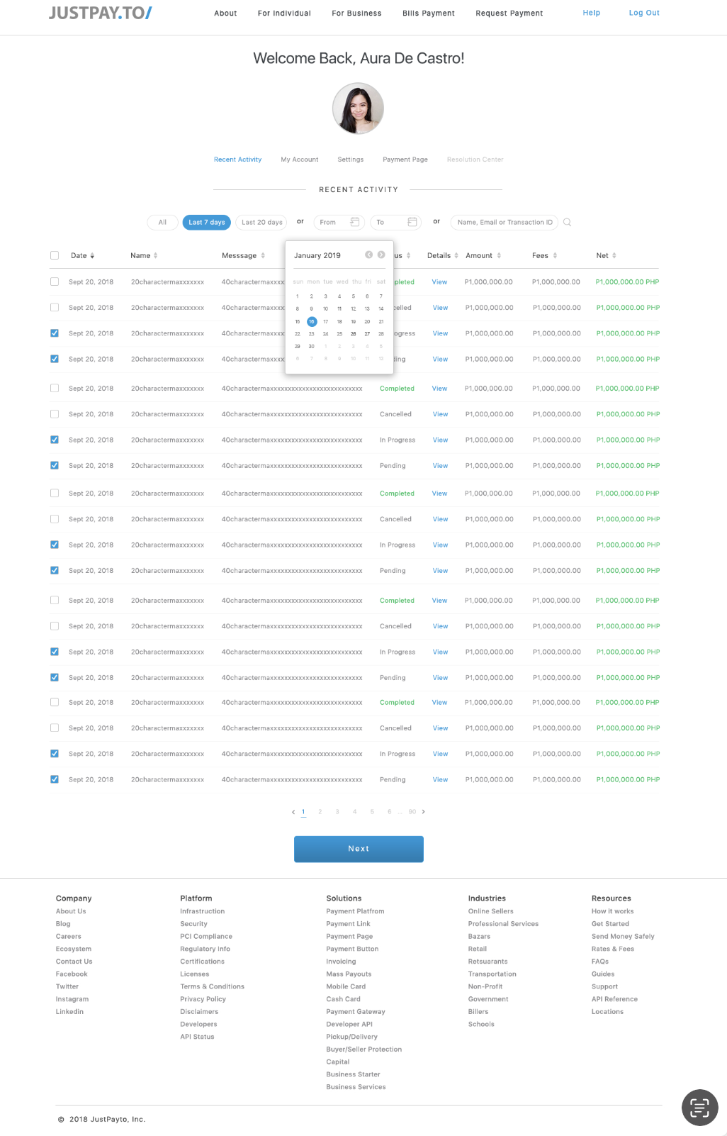 Screenshot of a user account dashboard on JUSTPAY.TO, showing recent payment activities, a calendar popup, and site navigation links.