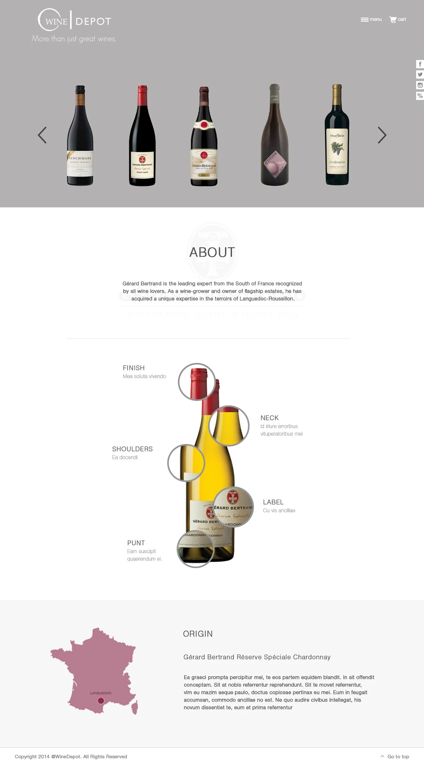 Website homepage for Wine Depot featuring five bottles of wine at the top, an about section describing Gérard Bertrand, a diagram highlighting different parts of a wine bottle, and a map of Languedoc with a Bordeaux wine label.