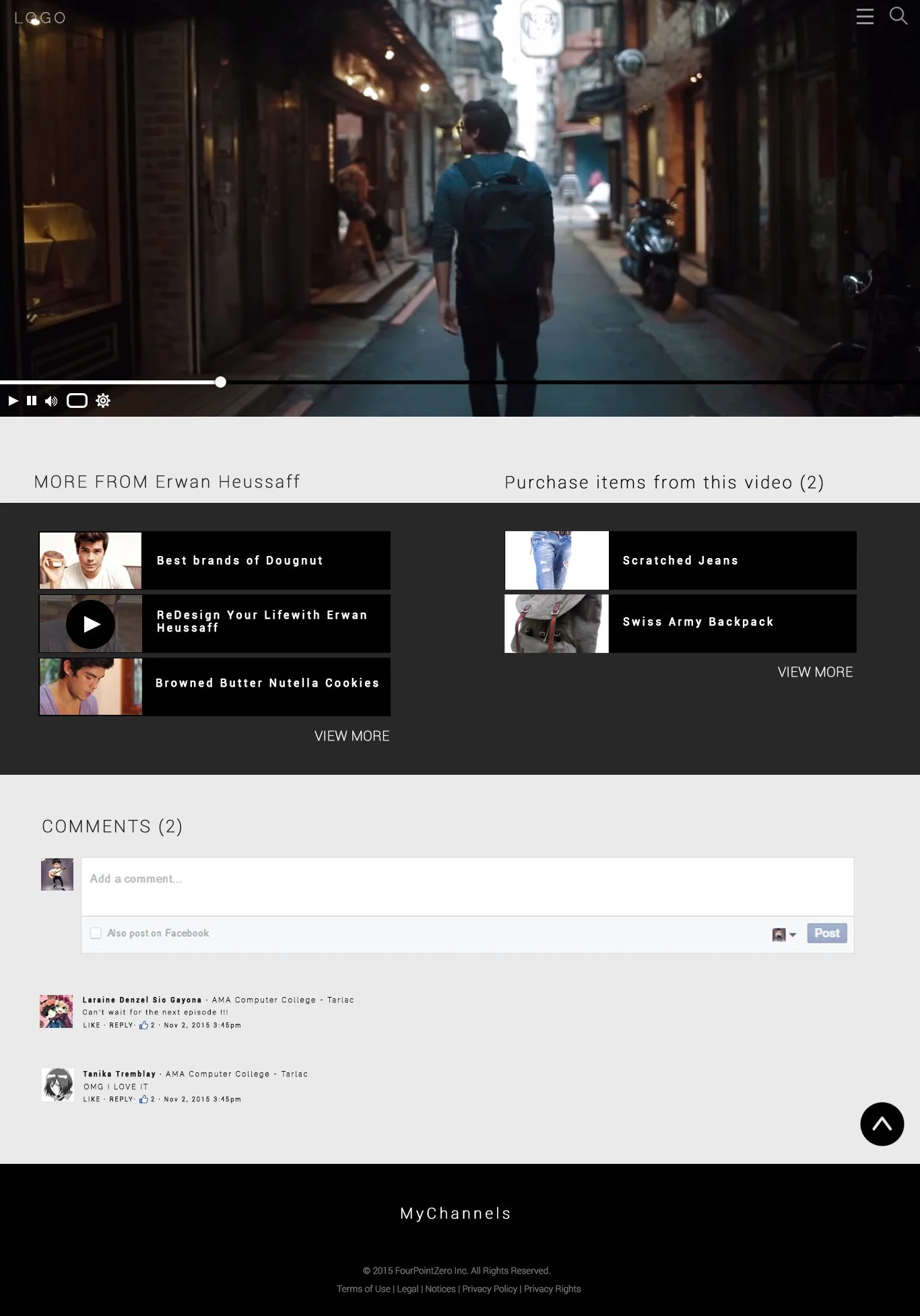 A person walking down a narrow city street lined with small shops and cafes, with street lamps and hanging signs visible.