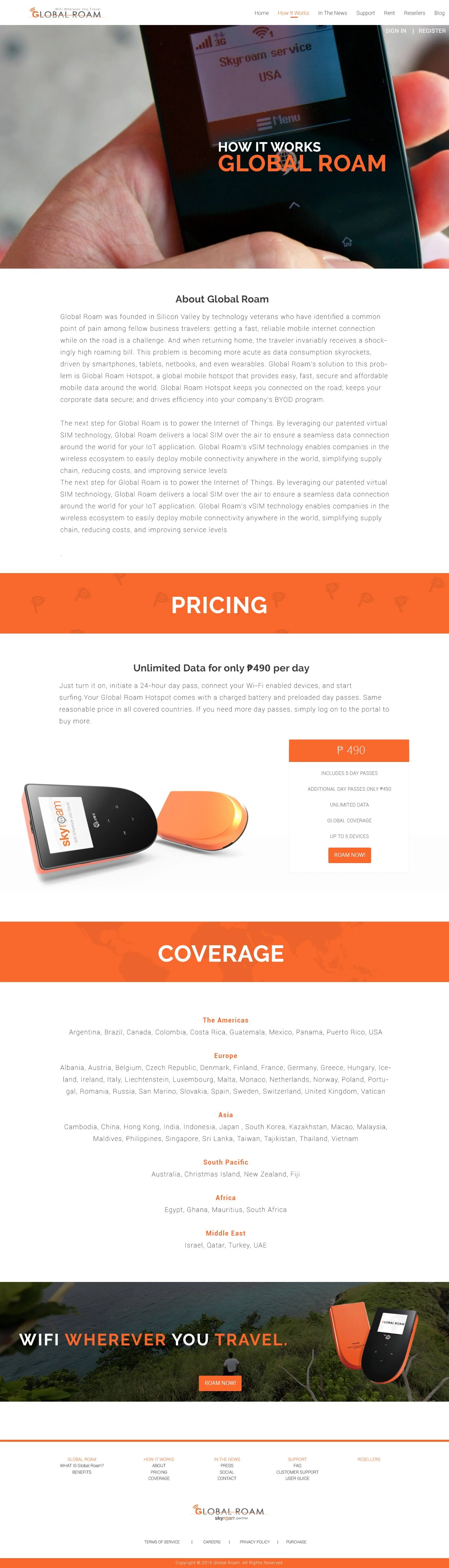 A webpage for Global Roam mobile hotspot service. Features include sections on how it works, pricing for unlimited data at 490 PHP per day, coverage maps for different regions, and an image of the Skyroam device.