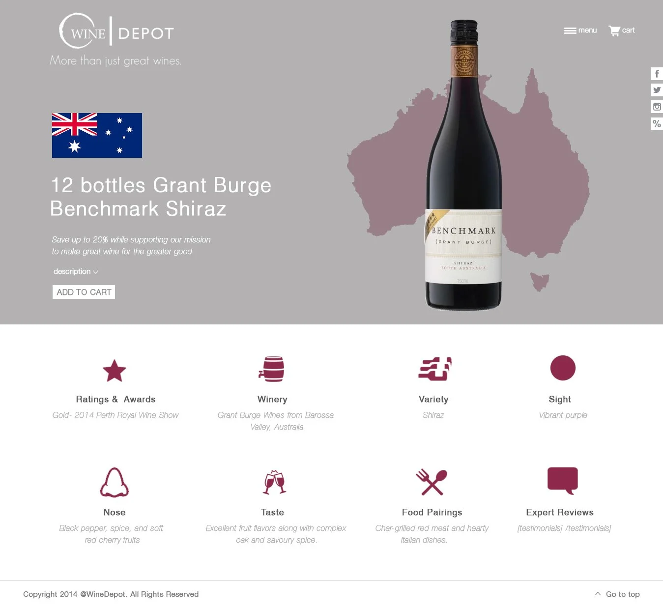 Webpage for Wine Depot featuring a bottle of Benchmark Grant Burge Shiraz from Australia, with a map outline of Australia in the background, and sections about ratings, winery, variety, sight, nose, taste, food pairings, and reviews.