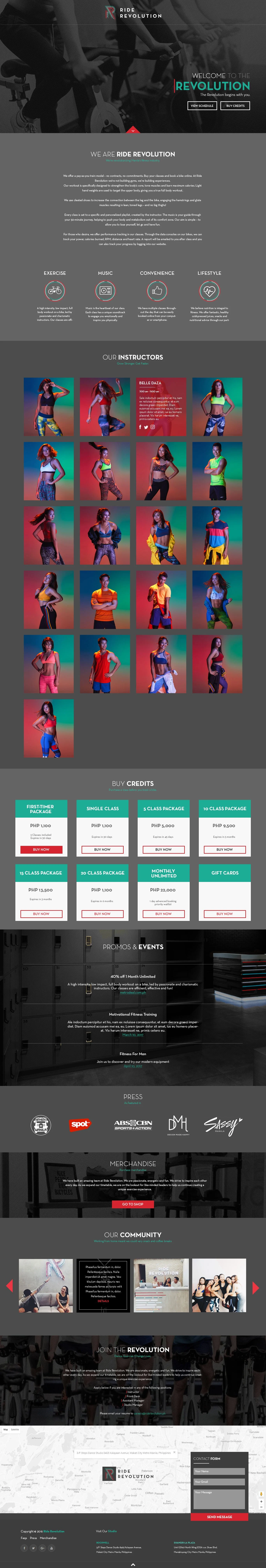 A promotional webpage for Ride Revolution, a cycling studio. The page includes sections about class types, instructor photos, pricing options, events, press mentions, community engagement, and a contact form, with a dark background and vibrant accent colors.