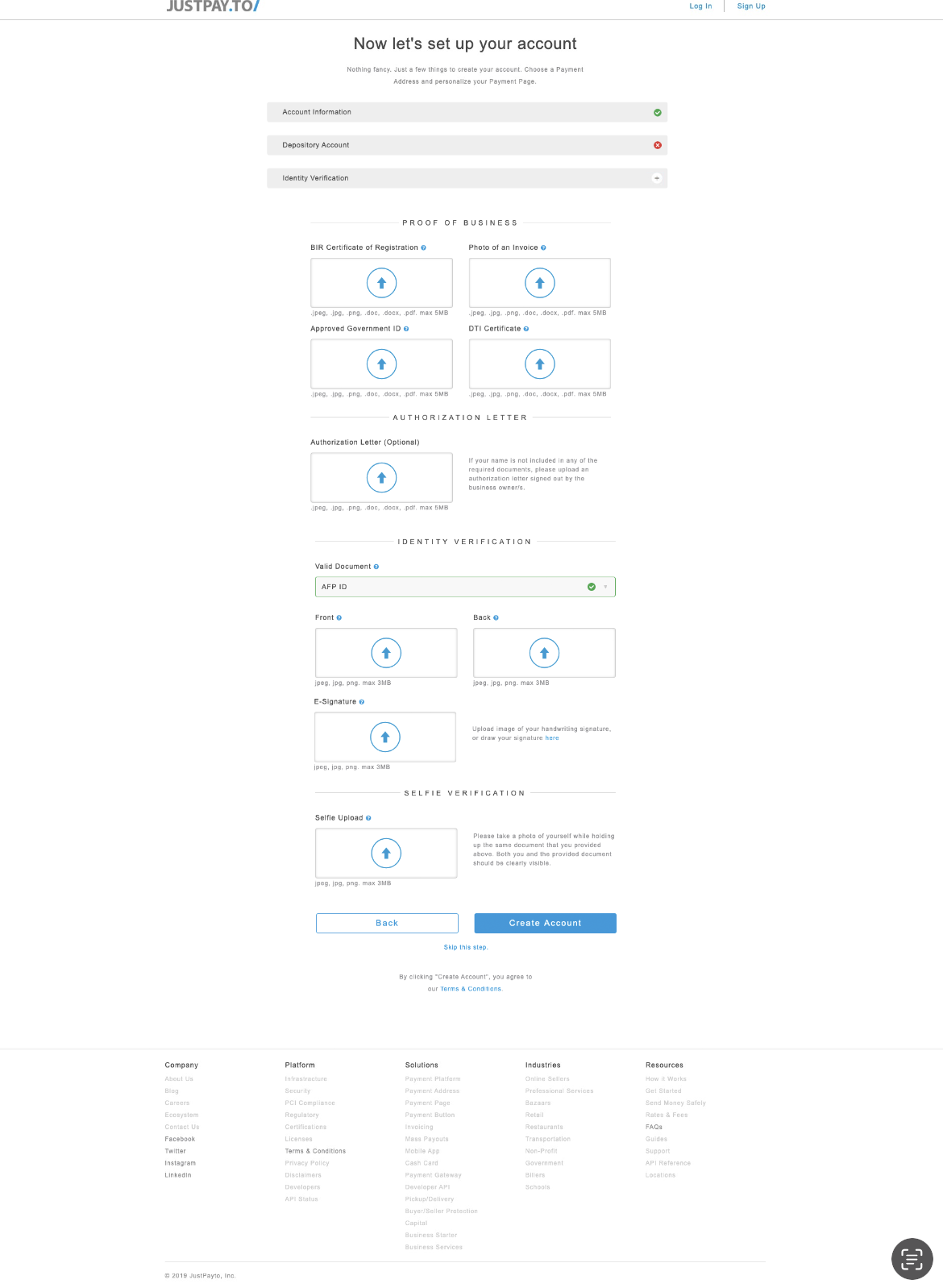 Screenshot of an online account setup form on JustPay.to, showing sections for account information, proof of business documents, authorization letter, identity verification, and selfie verification, with upload fields and buttons for proceeding.