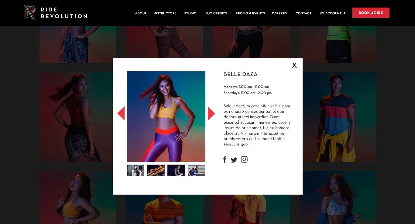 Website homepage for Ride Revolution with a pop-up featuring a woman in a yellow sports bra and purple leggings, smiling and posing against a blue background. The popup includes booking details, a description, and social media icons.
