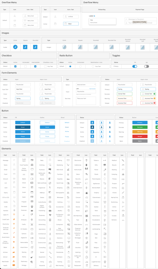Screenshot of a user interface design with sections for overflow menu, images, checkboxes, radio buttons, toggles, form elements, buttons, and icons, demonstrating different UI components and controls.