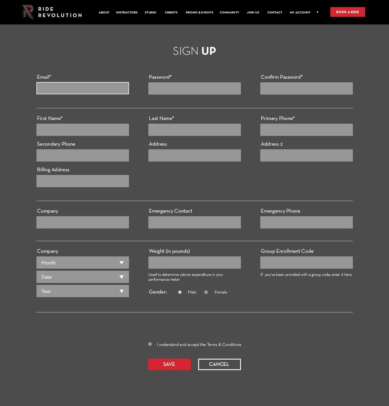 Sign-up form page for Ride Revolution with fields for email, password, personal details, and emergency contacts, along with a red button labeled 'Book a Ride' in the top right corner.