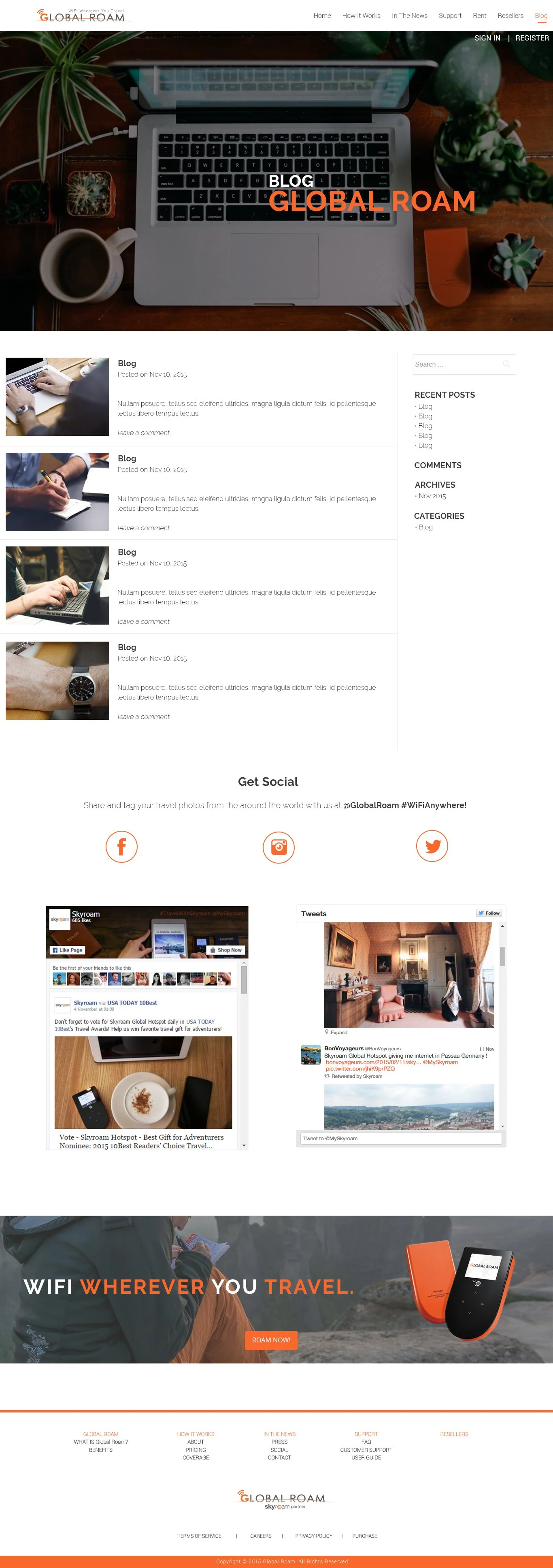 Open laptop on a wooden desk with potted plants, a coffee mug, and a rose smartwatch. Website homepage with blog posts, social media icons, and promotional images for WiFi travel device.