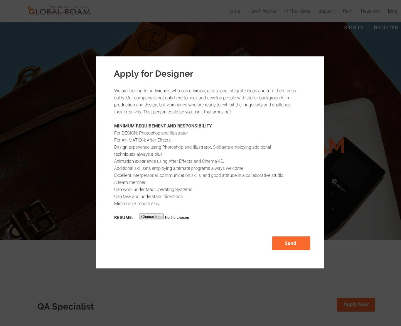 Online application form titled 'Apply for Designer' with a job description and requirements, a file upload button, and a 'Send' button on a website.