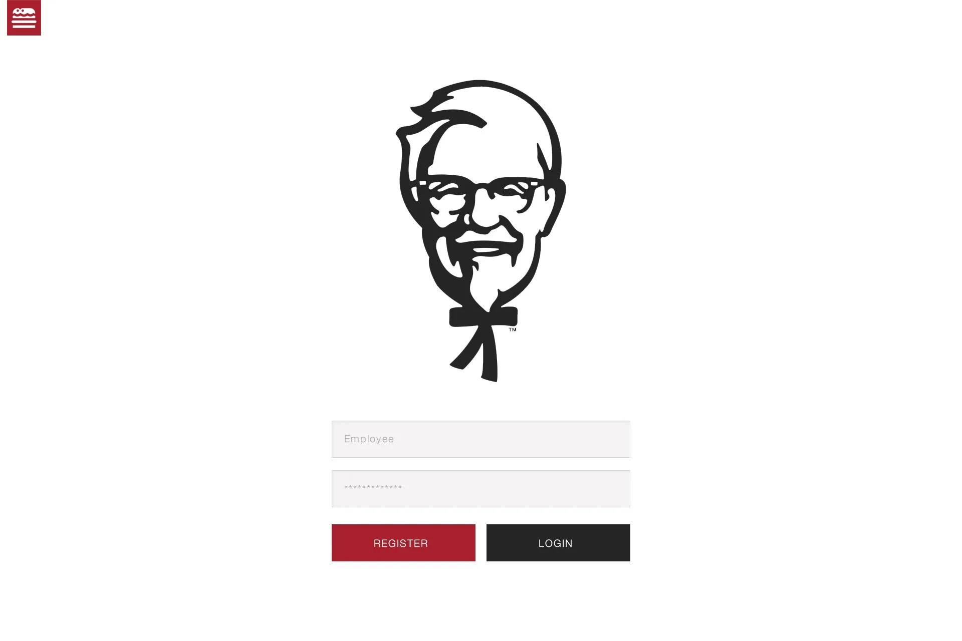 Chick-fil-A login page with a stylized logo of an elderly man's face with glasses and a bowtie.