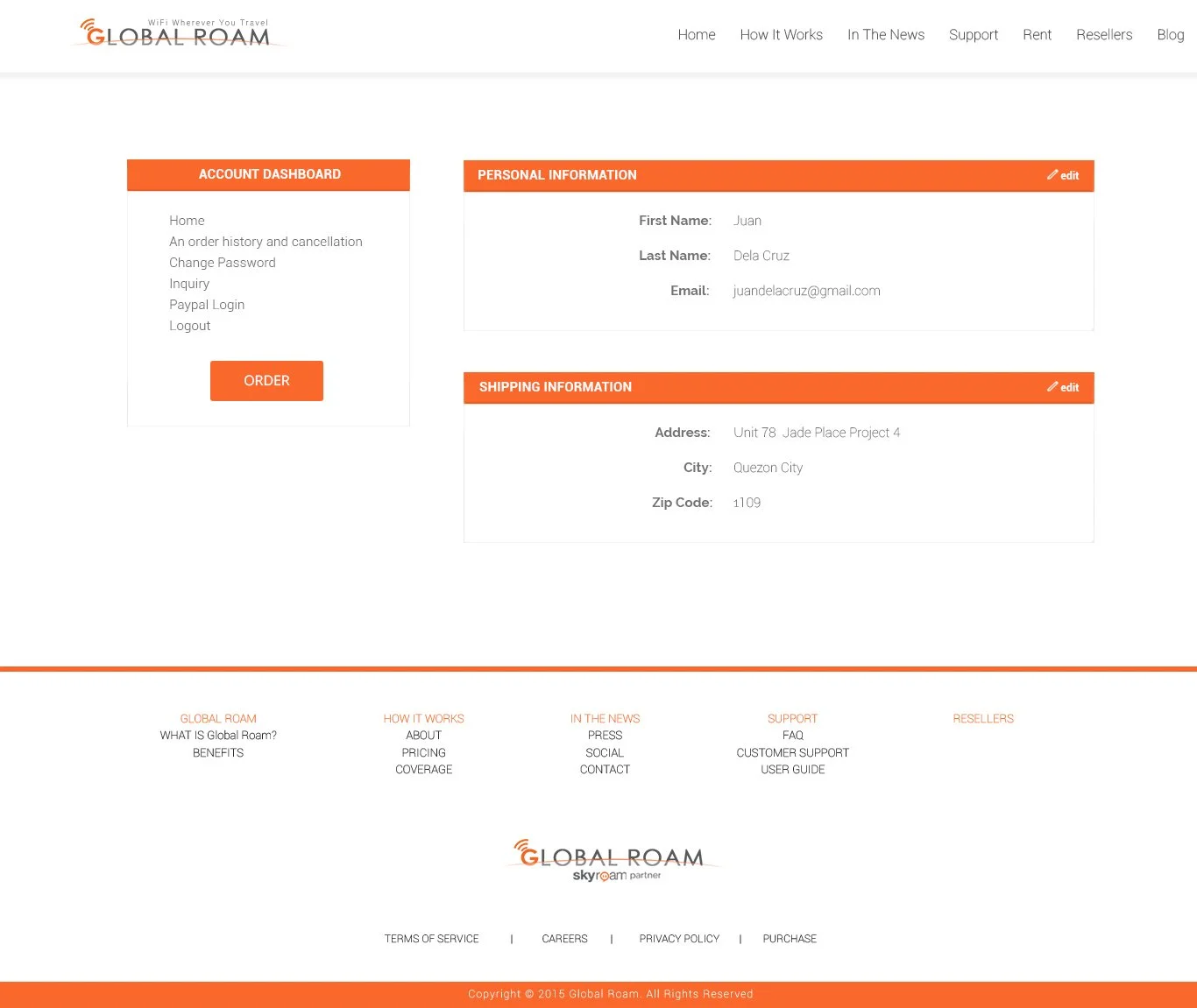 Screenshot of a user account page for Global Roam, showing personal information, shipping information, and account options, with a header menu including links to Home, How It Works, In The News, Support, Rent, Resellers, and Blog.