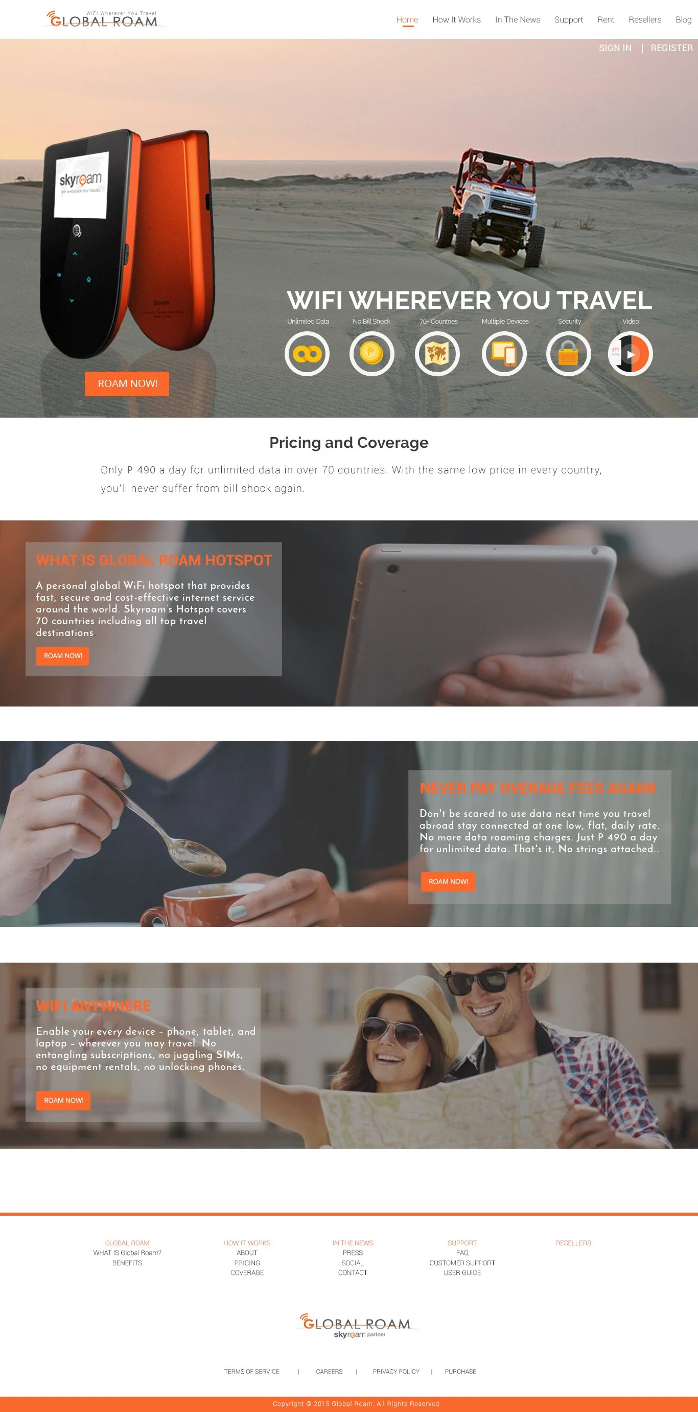 Screenshot of a website promoting Global Roam's WiFi services, showing a sunset beach scene with off-road vehicle, WiFi hotspot device, a person using a tablet, and a couple taking a selfie outdoors.