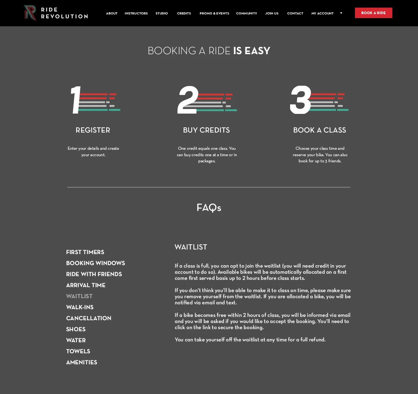 Website homepage for Ride Revolution bike rental, featuring a three-step process to book a ride: register, buy credits, and book a class, with FAQ section below.