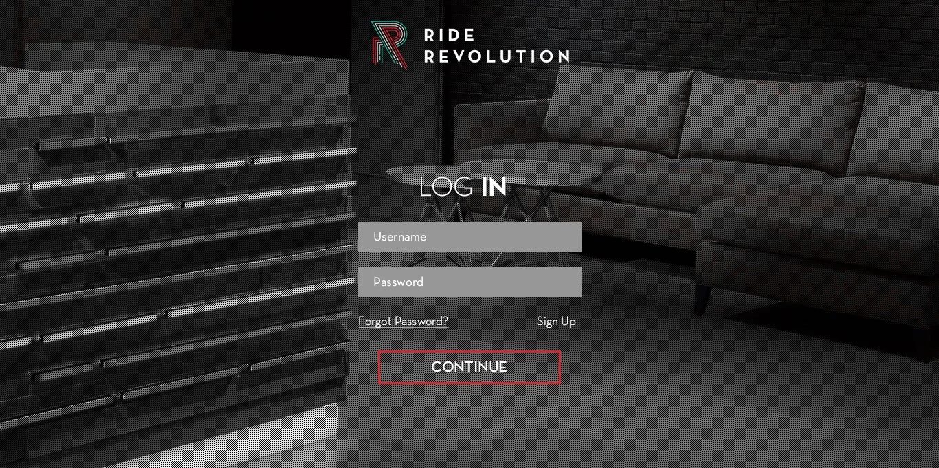 Login page for Ride Revolution with a modern lounge background and a ride revolution logo at the top left.