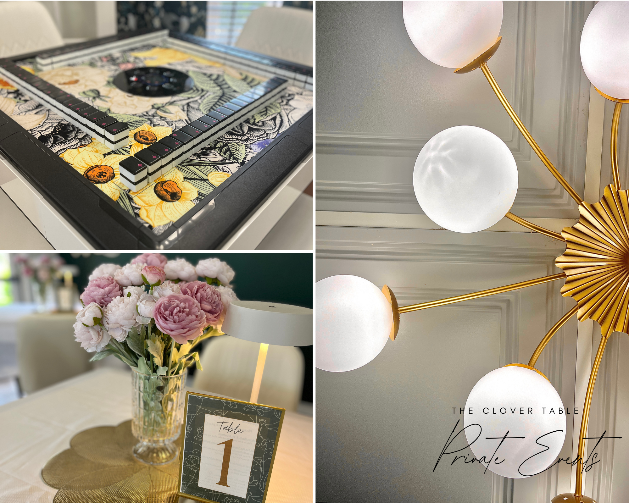 Collage of three photos with table, flowers and lights