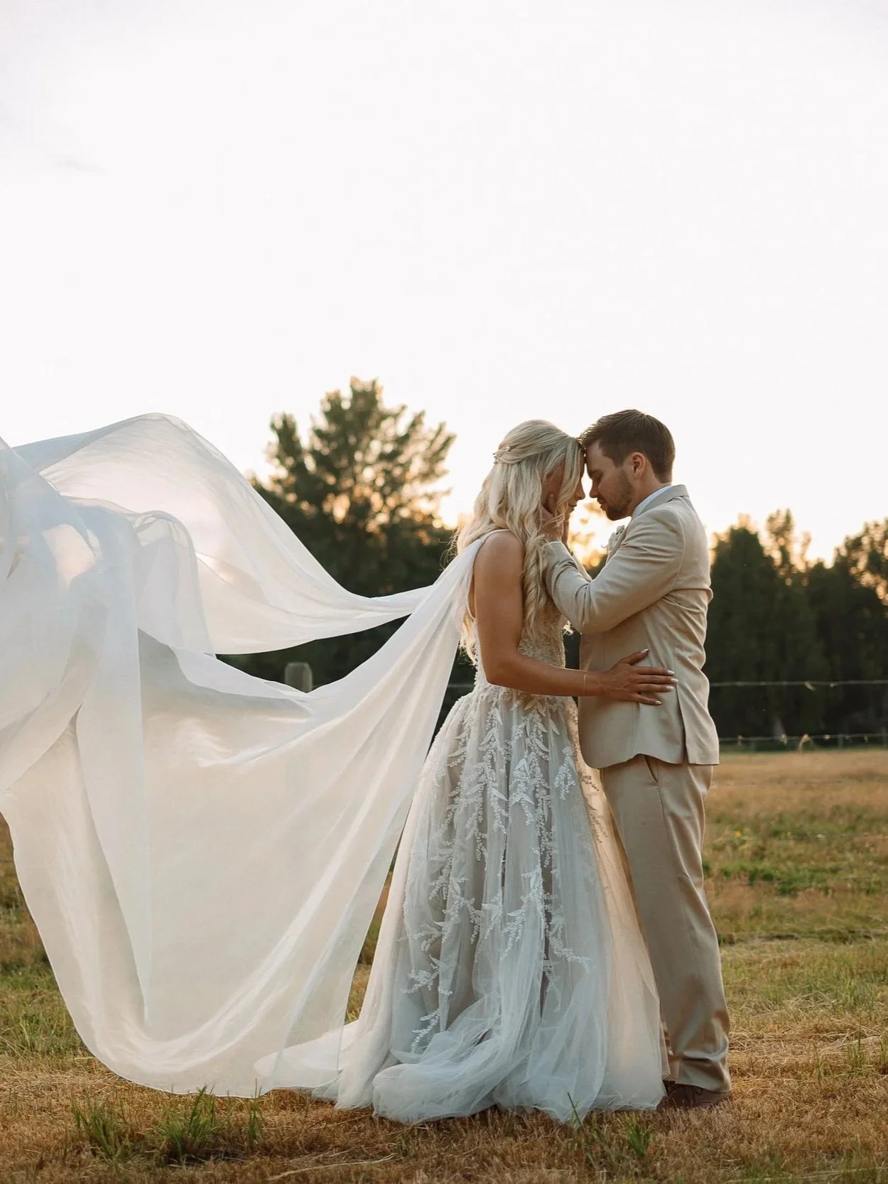 A couple in wedding attire standing close together in a field with trees in the background at sunset, embracing with foreheads touching.