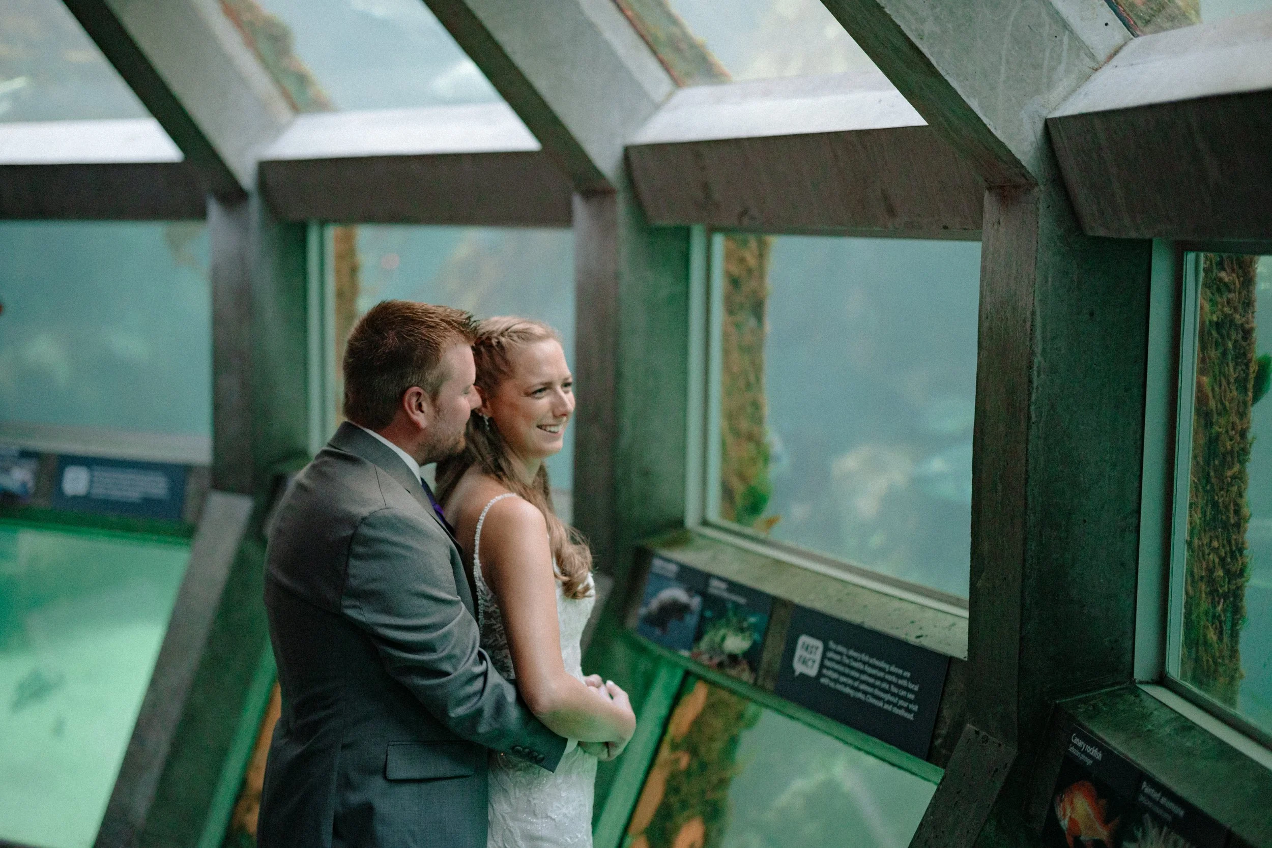 Wedding portraits inside the Seattle Aquarium underwater gallery.