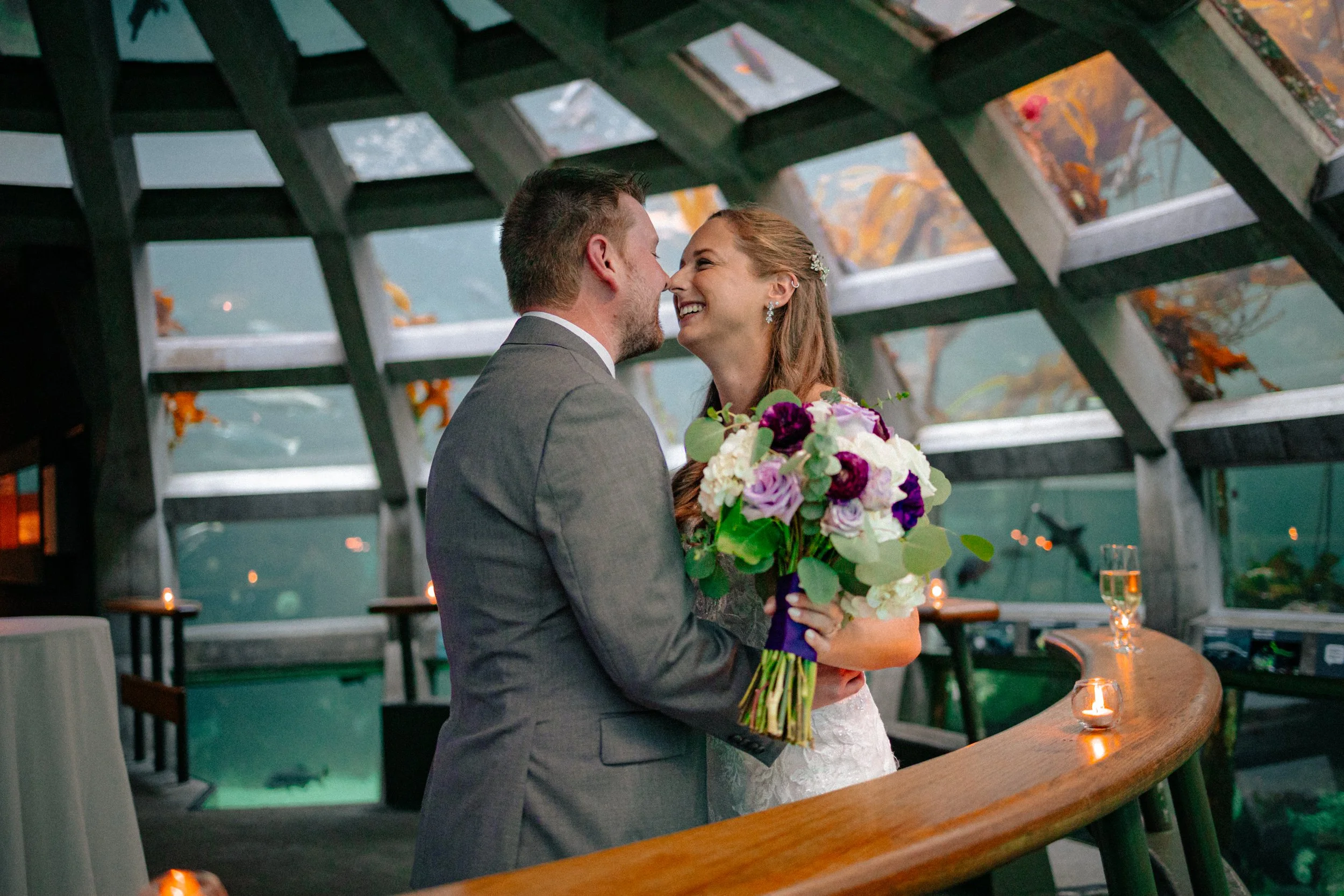 Wedding portrait inside the Seattle Aquarium in Seattle.