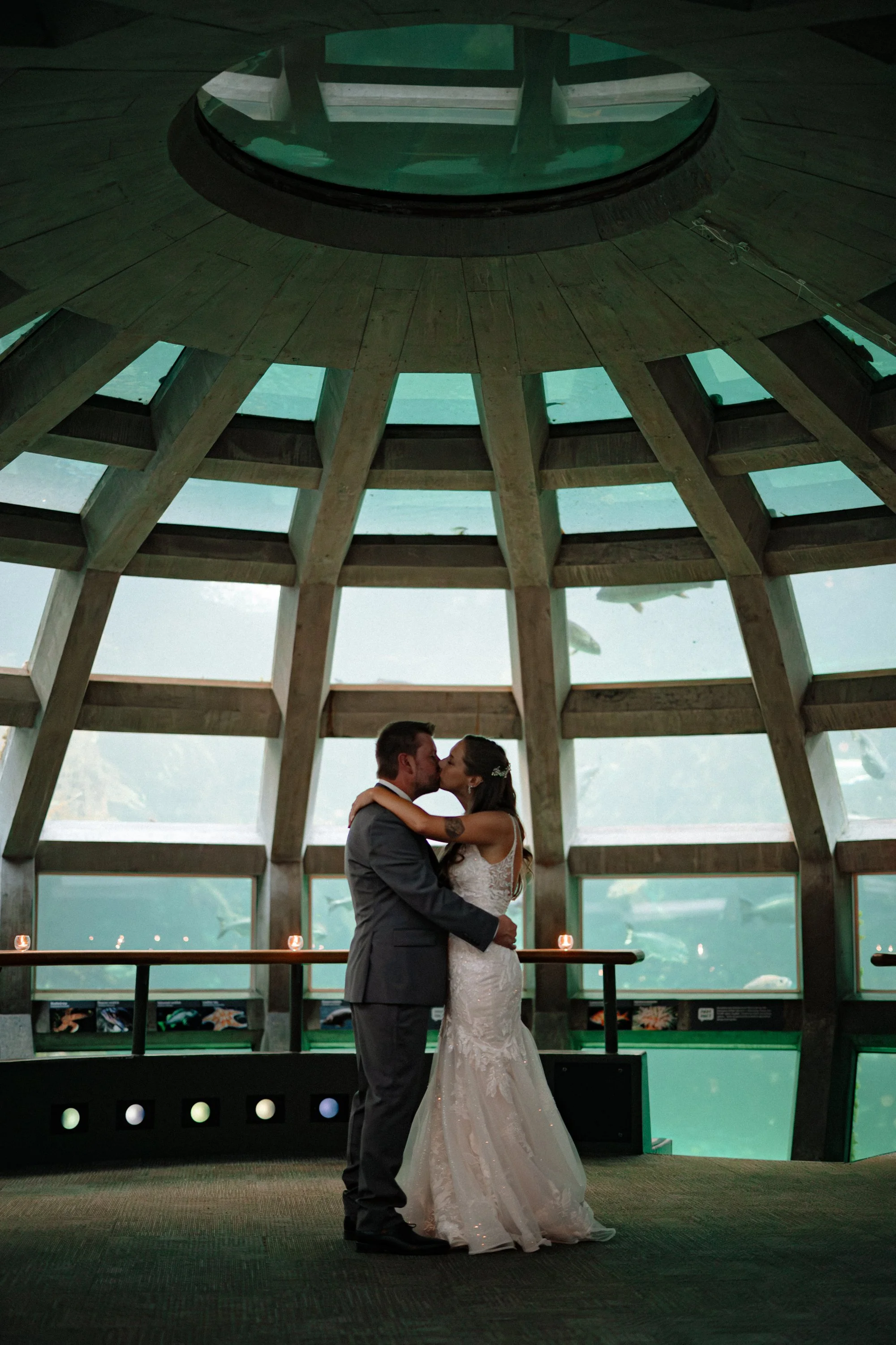 Couple portraits inside the Seattle Aquarium underwater gallery.