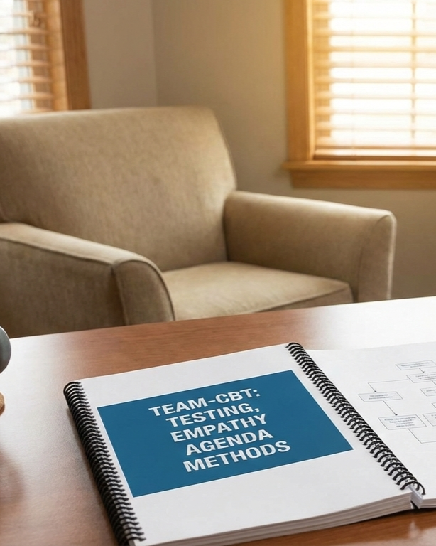A spiral-bound booklet titled 'TEAM-CBT: Testing, Empathy, Agenda, Methods' on a wooden table in a cozy room with a beige armchair and window blinds in the background.