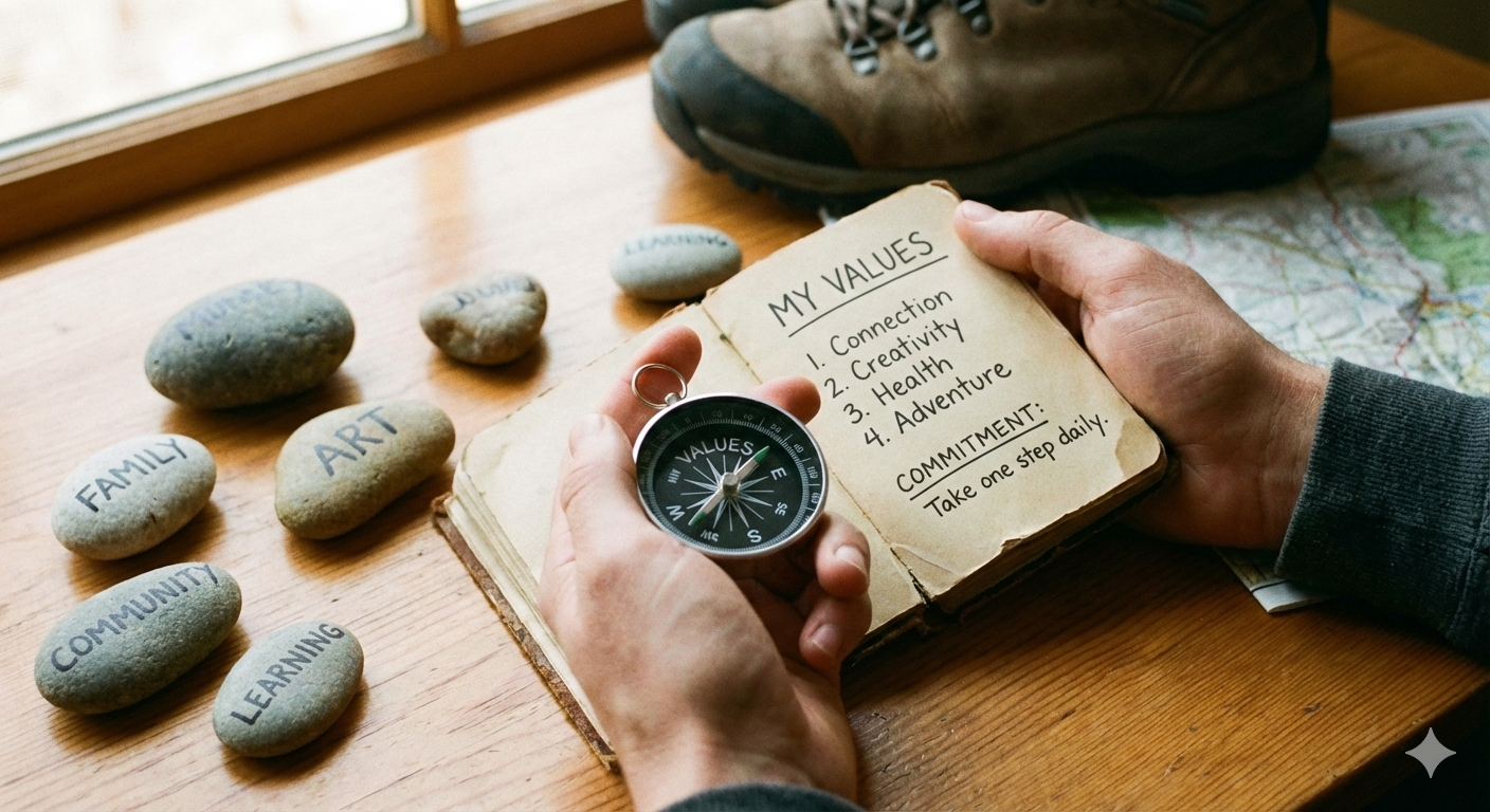 A person holding an open notebook with handwritten values and commitment, a compass, and stone pebbles with words written on them, on a wooden table near a window.