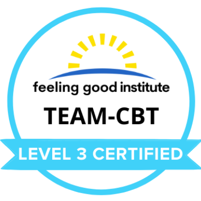 A badge featuring a percentage gauge with a red, yellow, and blue segment, and a rising sun icon. Text reads 'Feeling Good Instititute TEAM-CBT LEVEL 3 CERTIFIED.'
