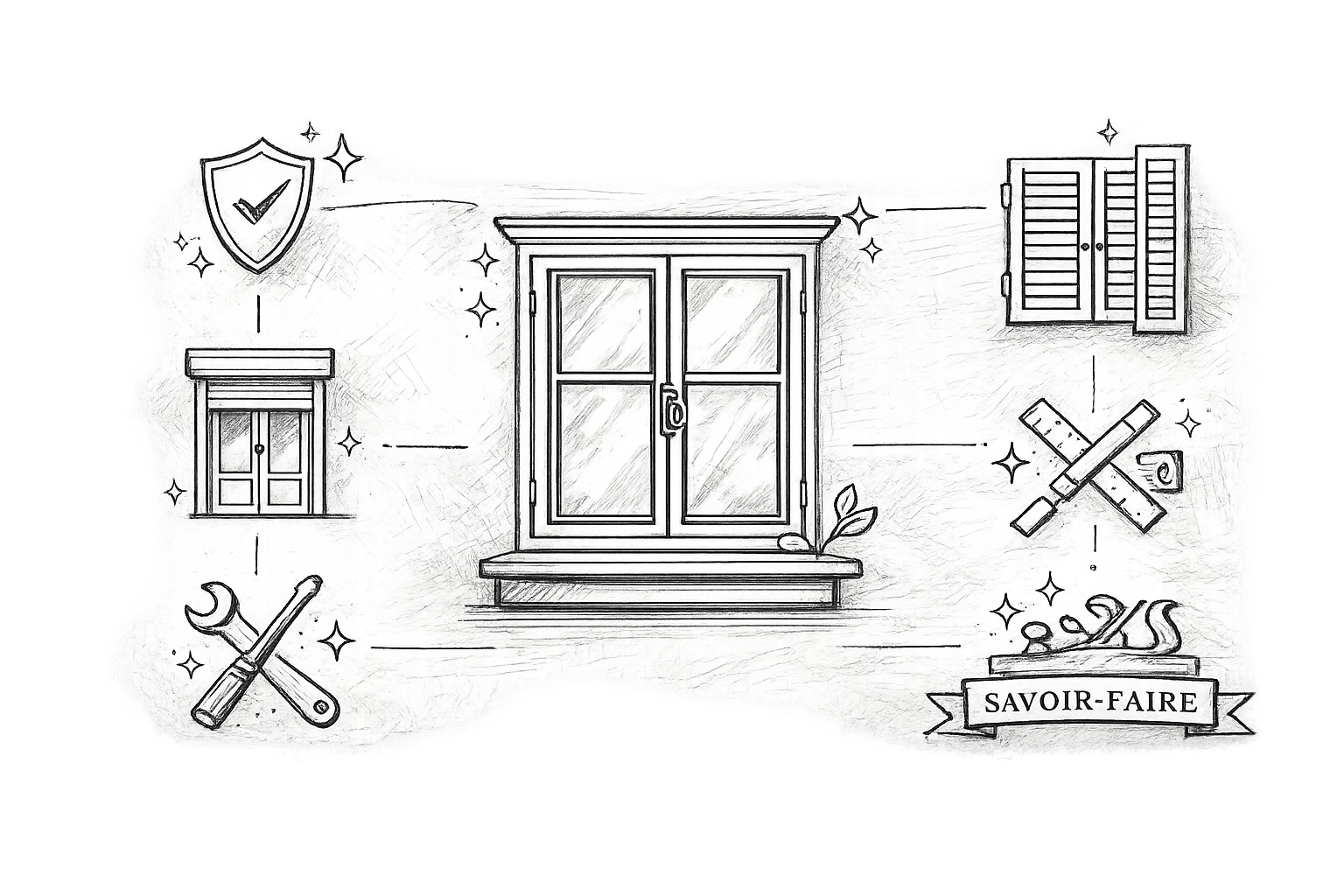 Illustration en noir et blanc de fenêtres, d'outils, de symboles de protection et de savoir-faire liés à la rénovation ou à la construction, avec une bannière portant l'inscription « Savoir-Faire ».